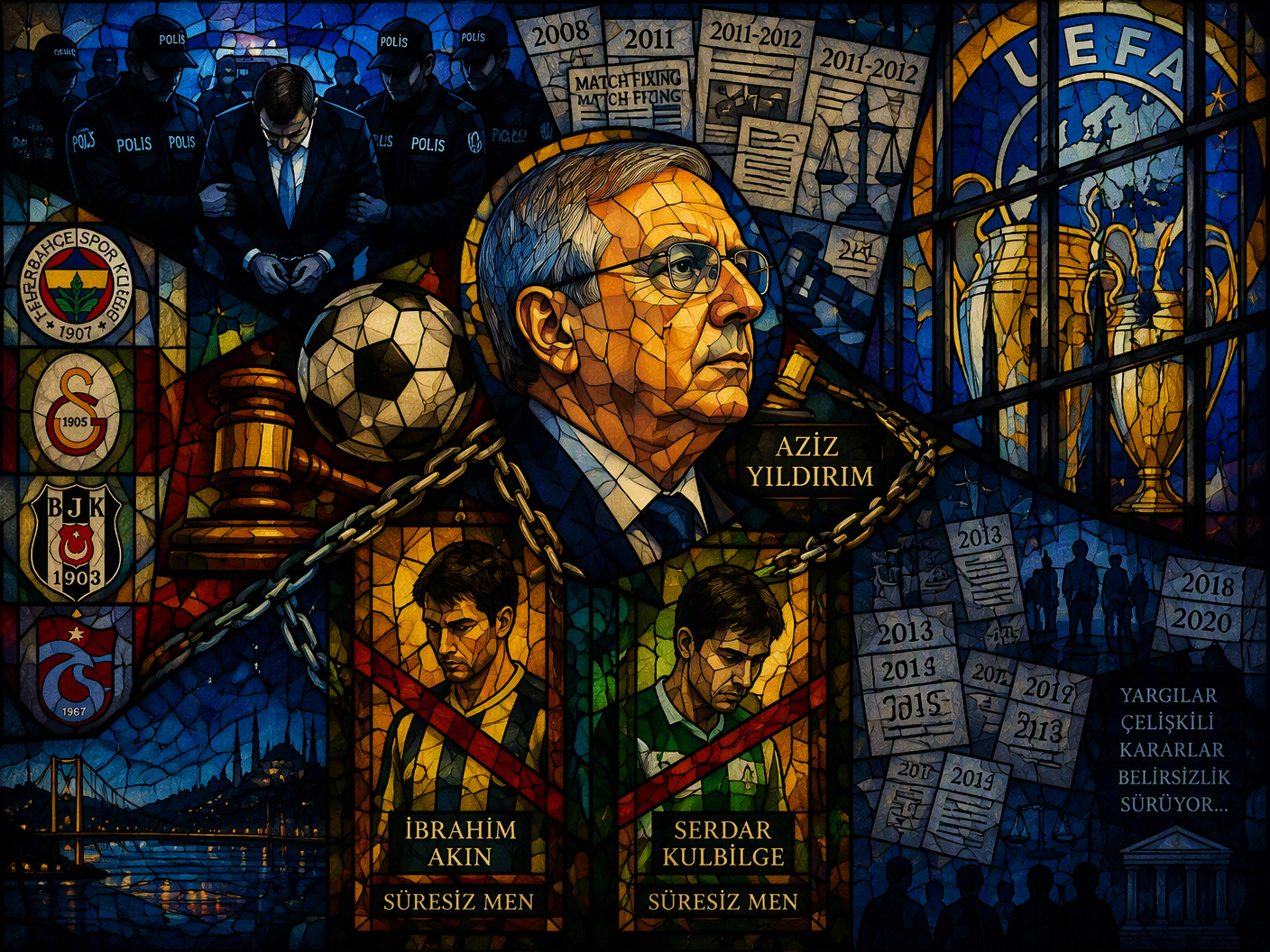 Stained-glass style artwork showing Aziz Yıldırım at the center surrounded by symbolic panels: police arrests, suspended football players, barred European trophies, and fragmented legal documents, all intertwined with lead lines and jewel-toned glass representing the complex, overlapping consequences of the Turkish match-fixing case.