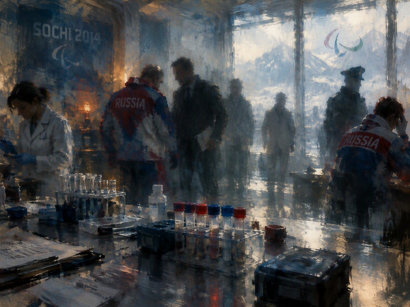 An impressionistic view inside a dim doping laboratory at Sochi 2014, showing blurred figures of athletes and officials amid testing instruments in misty, cool-toned light, evoking tension and fading trust.