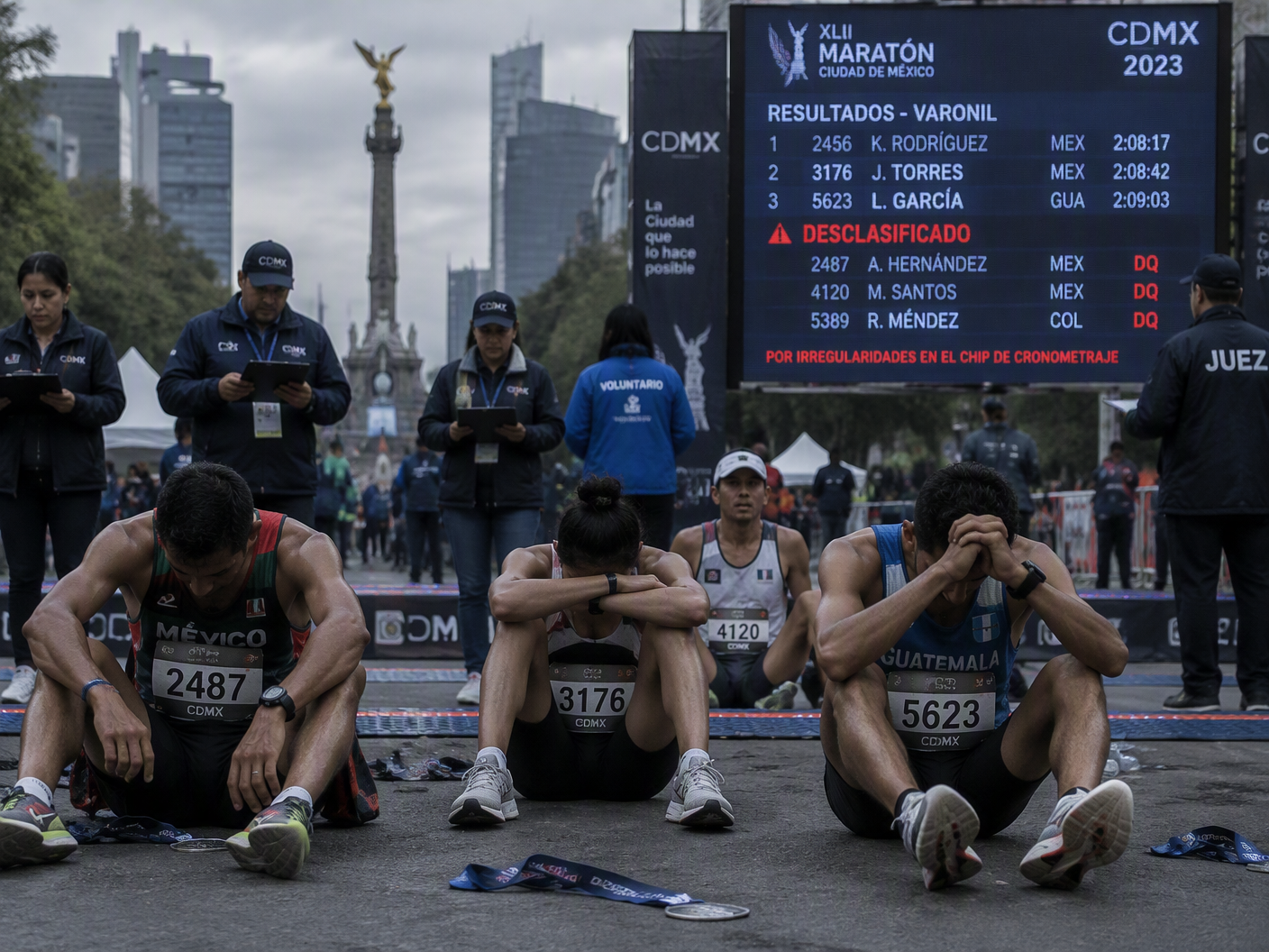 Exhausted runners seated on the pavement near the Mexico City Marathon finish line, heads bowed in disappointment, with officials and a digital timing board displaying disqualification notices in the background amid the city skyline.