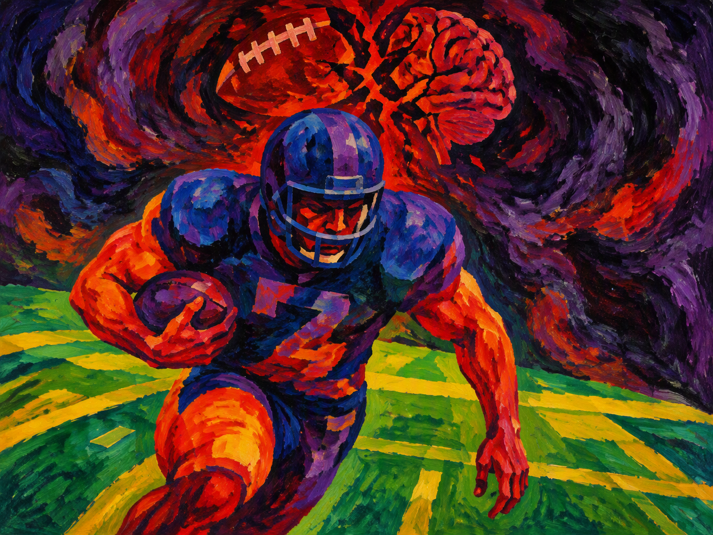 Fauvist style digital painting of a fullback in intense red and orange hues running on an abstract football field, with a fragmented football and brain silhouette symbolizing CTE behind him; the background swirls dark purple and black representing neurological damage.