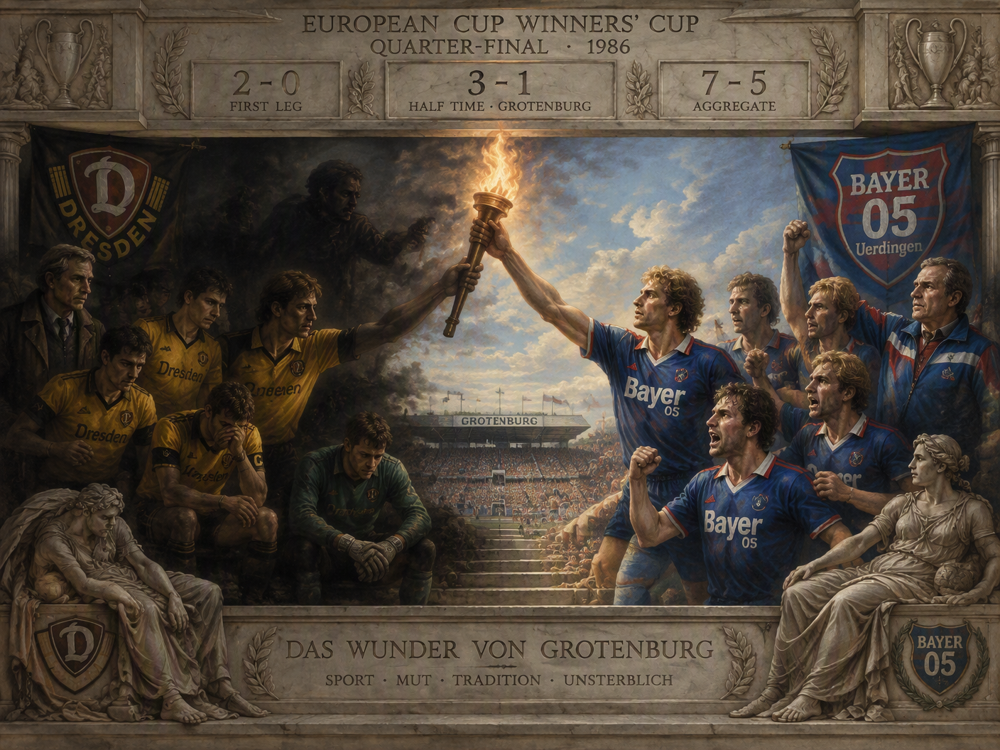 A neoclassical painting showing football players from Bayer 05 Uerdingen and Dynamo Dresden in a grand classical stadium, symbolizing the 1986 match. The left side is shadowed and solemn, representing Dresden’s halftime lead, while the right side is bright and dynamic, illustrating Uerdingen’s six-goal comeback. Above, a frieze engraved with the match scores and a central torch symbolizing the shift in momentum.