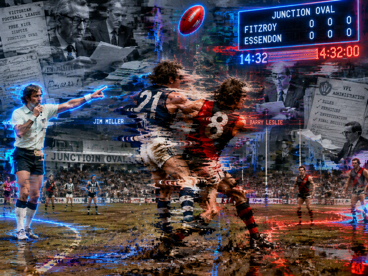 Digital surreal image showing two fragmented football players in a neon-distorted field with the ball suspended before an opening bounce, symbolizing the controversial free kick and blurred boundary between game and bureaucracy in the 1971 VFA Grand Final.