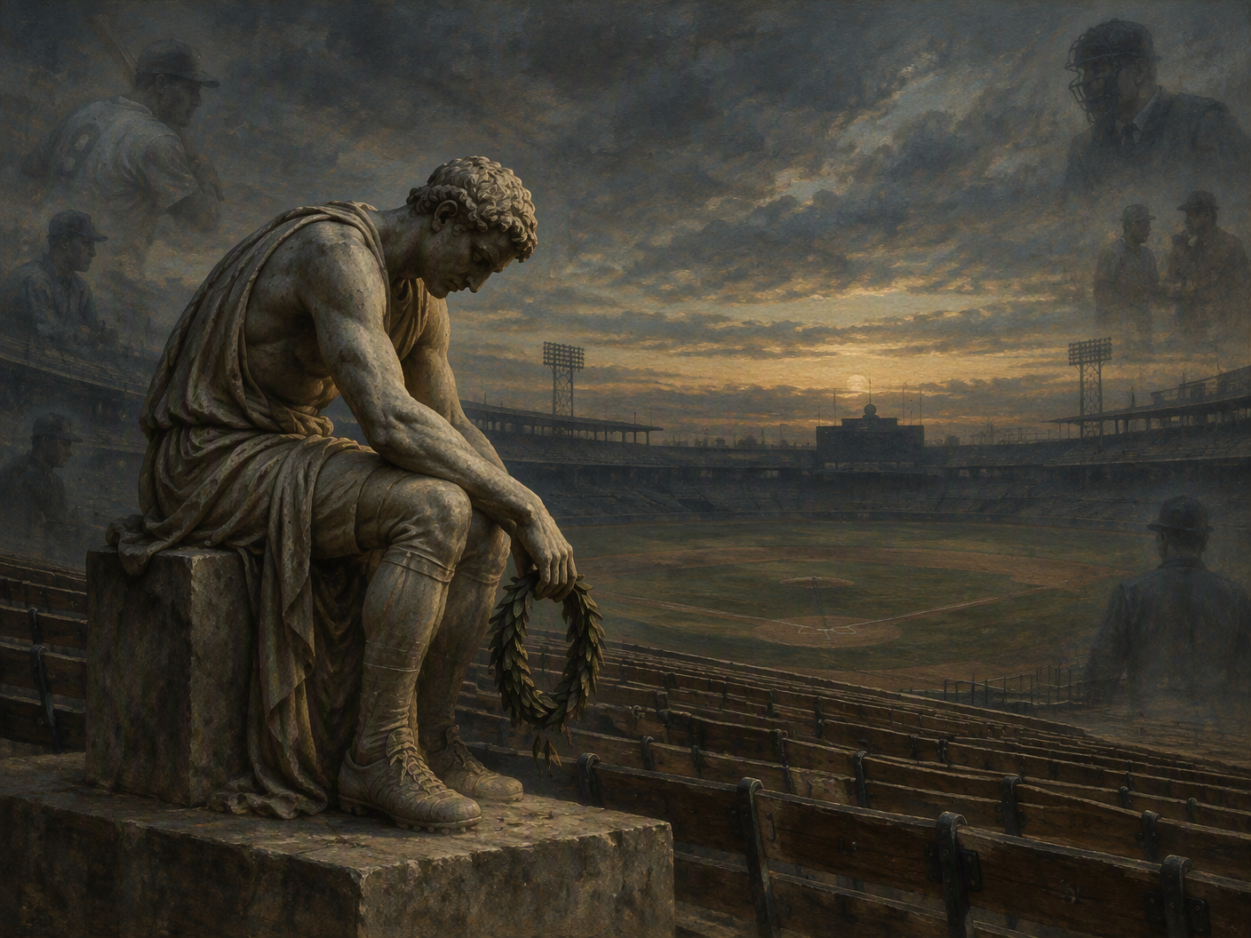 A classical-style statue of a seated athlete in a vast empty baseball stadium at twilight, symbolizing loneliness and delayed justice amid faded glory.