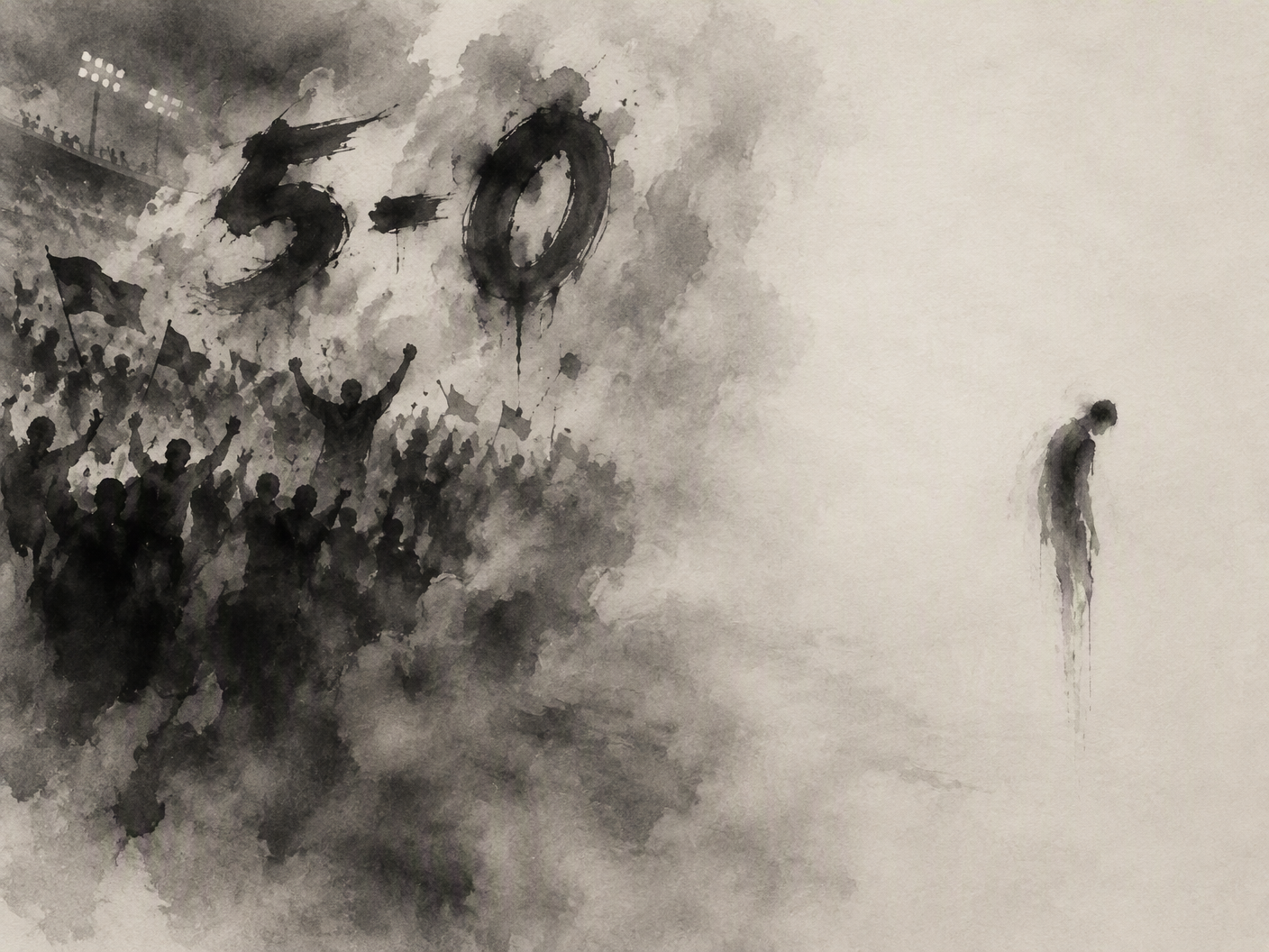 A 4:3 ink wash painting shows a blurred, calligraphic crowd celebrating a 5–0 football victory on the left, merging into vast empty space on the right where a solitary, fading figure is drawn with a single brushstroke, symbolizing loss and silence.