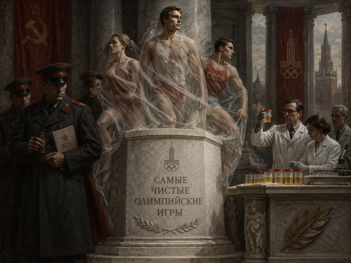 A neoclassical-style painting depicting allegorical figures of Soviet athletes and shadowed KGB officials around a monumental pedestal inscribed with 'The Cleanest Olympics.' The scene evokes secrecy and manipulation behind the doping tests at the 1980 Moscow Games, with a solemn, formal composition and muted palette.