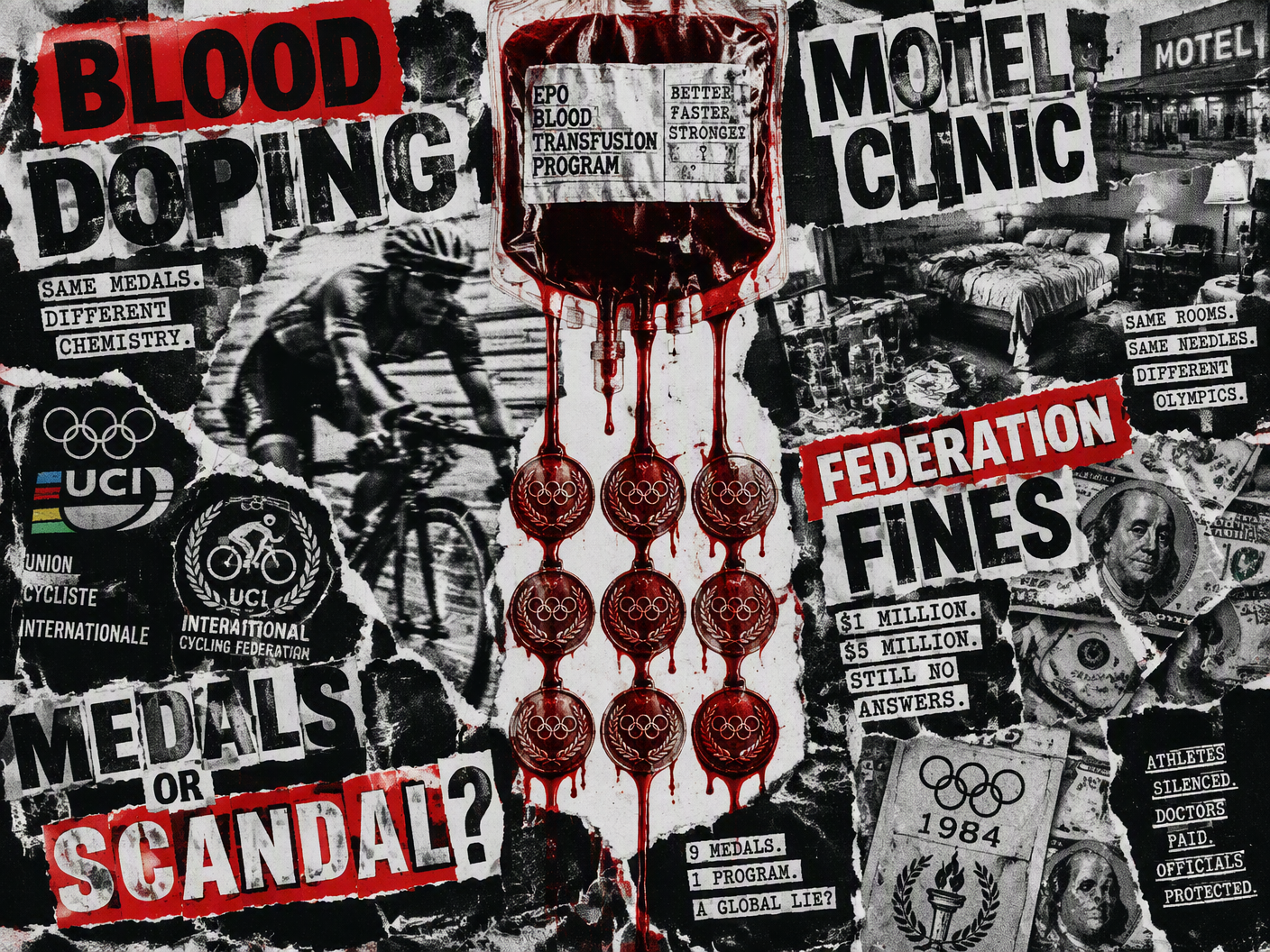 A punk collage featuring a torn motel room with ransom-note letters spelling ‘Blood Doping’ around a dripping blood bag shaped like Olympic medals, symbolizing the 1984 U.S. cycling team’s transfusion scandal and subsequent federation punishment.