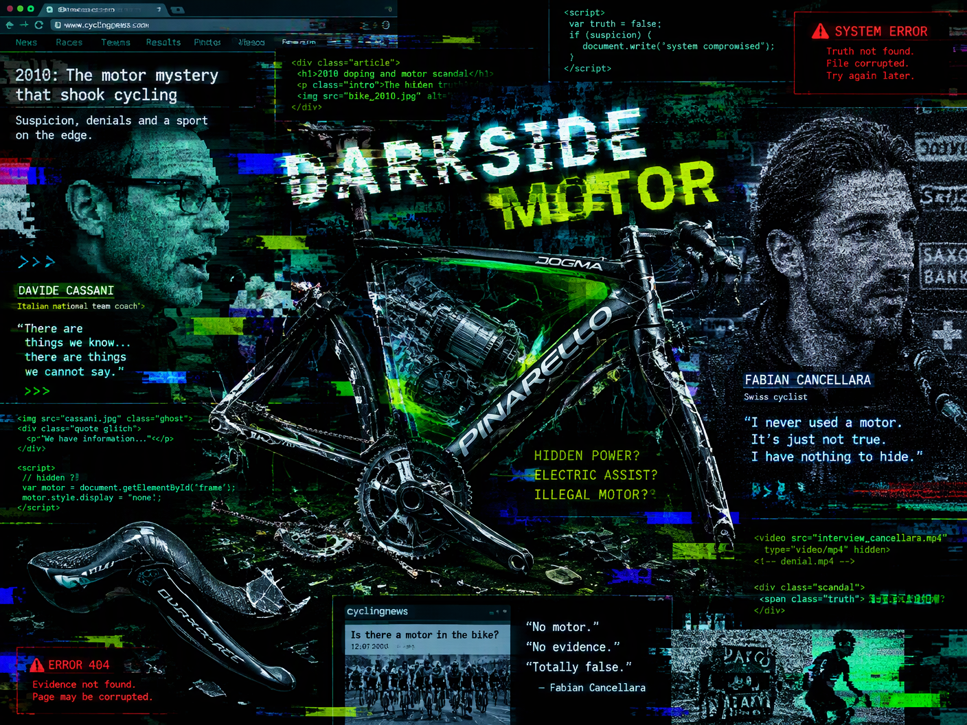 A glitch-art digital collage showing a broken racing bike with a hidden motor, corrupt HTML code fragments, and pixelated portraits of Davide Cassani and Fabian Cancellara, layered over a cracked, darkened web interface with neon glitch colors symbolizing cycling's 2010 motor-scam controversy.