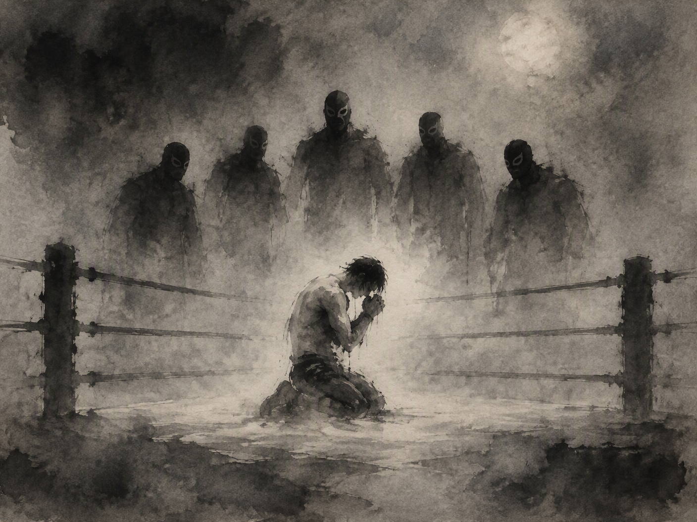 Ink wash expressionist image: a kneeling figure in a wrestling ring surrounded by five masked, shadowy figures depicted with calligraphic strokes and negative space, set in a misty, minimalistic atmosphere evoking silence and tension.