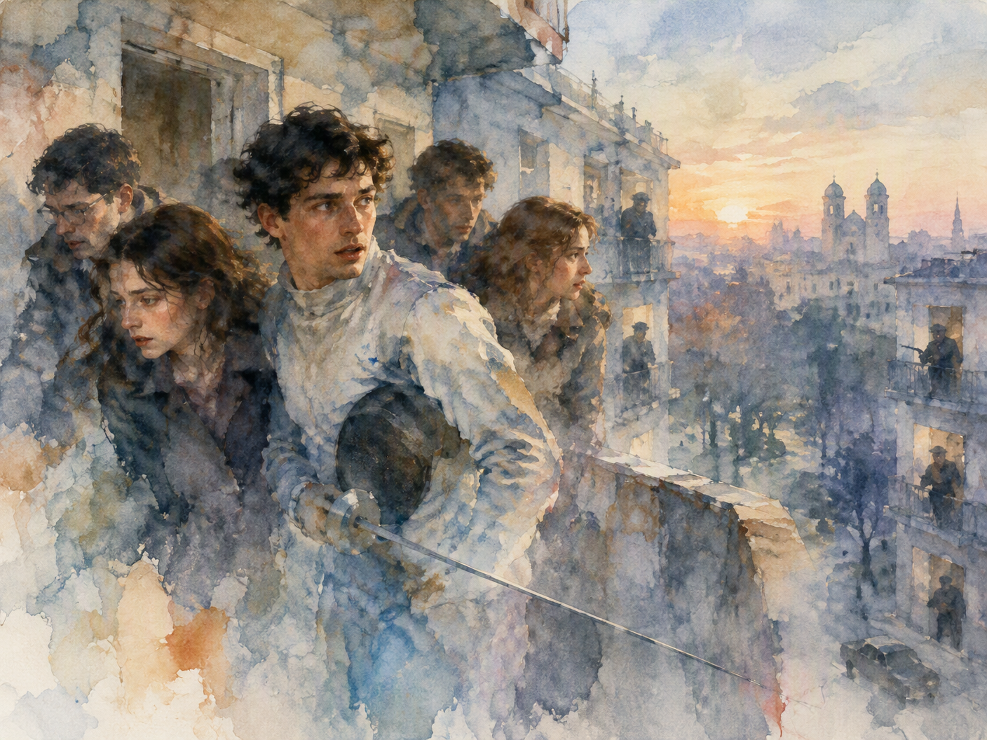 Watercolor expressionist painting of young Yehuda Weisenstein and four men escaping from an apartment balcony at dawn, their faces rendered with soft, dissolving edges and layered transparent washes evoking fragility and tension.