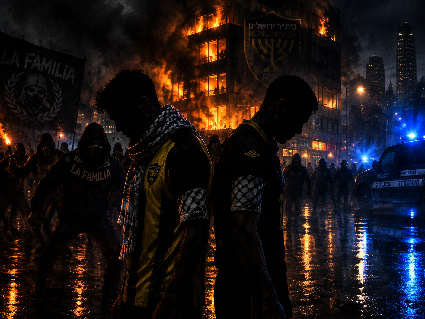 A nighttime scene of two shadowed football players in kits standing back to back in front of a burning building marked with a faded Beitar Jerusalem emblem, surrounded by dark, indistinct hostile figures and flashing police lights, rendered in high-contrast black, orange, and blue tones evoking film noir tension and ambiguity.