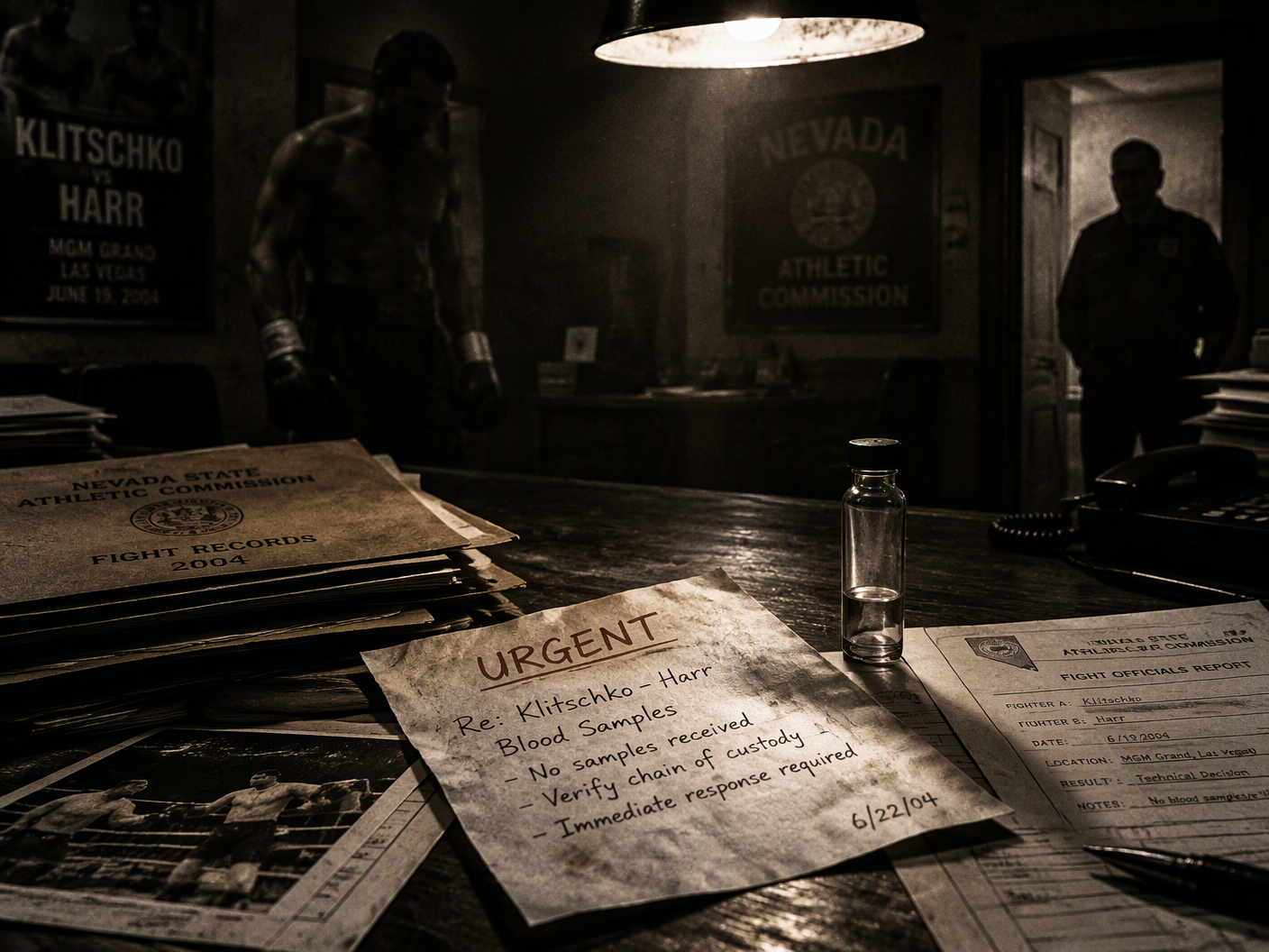A moody, shadow-filled office desk with scattered fight papers, an urgent letter, and an empty glass vial; ghostly boxer and referee silhouettes loom in the background under harsh light, evoking suspicion and unresolved questions from the Klitschko-Brewster bout.