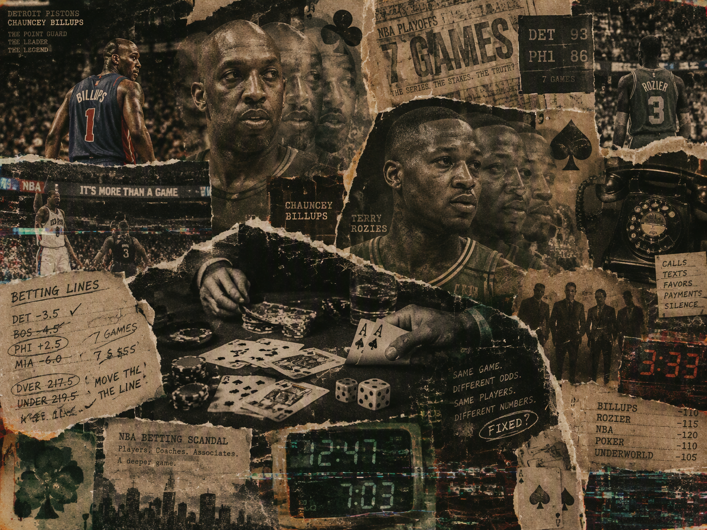 Photo collage of fragmented NBA basketball scene and a shadowy poker table with repeated ghostlike figures of Chauncey Billups and Terry Rozier, layered with vintage crime motifs and betting symbols in a sepia-toned, grainy archival style.