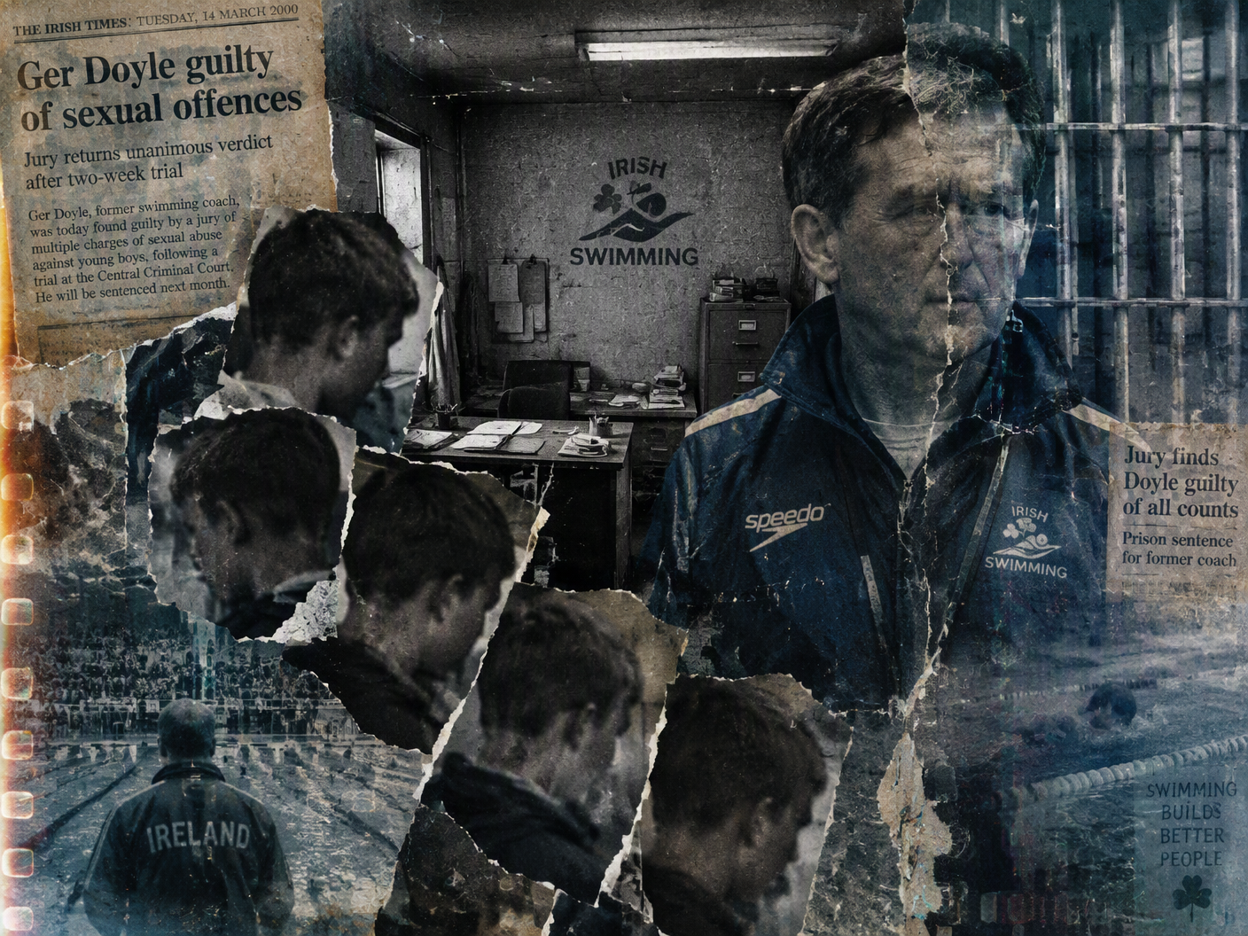 Photo collage showing a damaged 35mm black-and-white image of a swimming pool office with a small desk, layered with fragmented faded faces of young boys overlapped in shadows, ghosted images of Ger Doyle in a coach jacket with obscured face, torn newspaper clippings with jury verdict text, all tinted in cold blues and sepia tones, evoking fractured memory and the dark underside of public sporting authority.