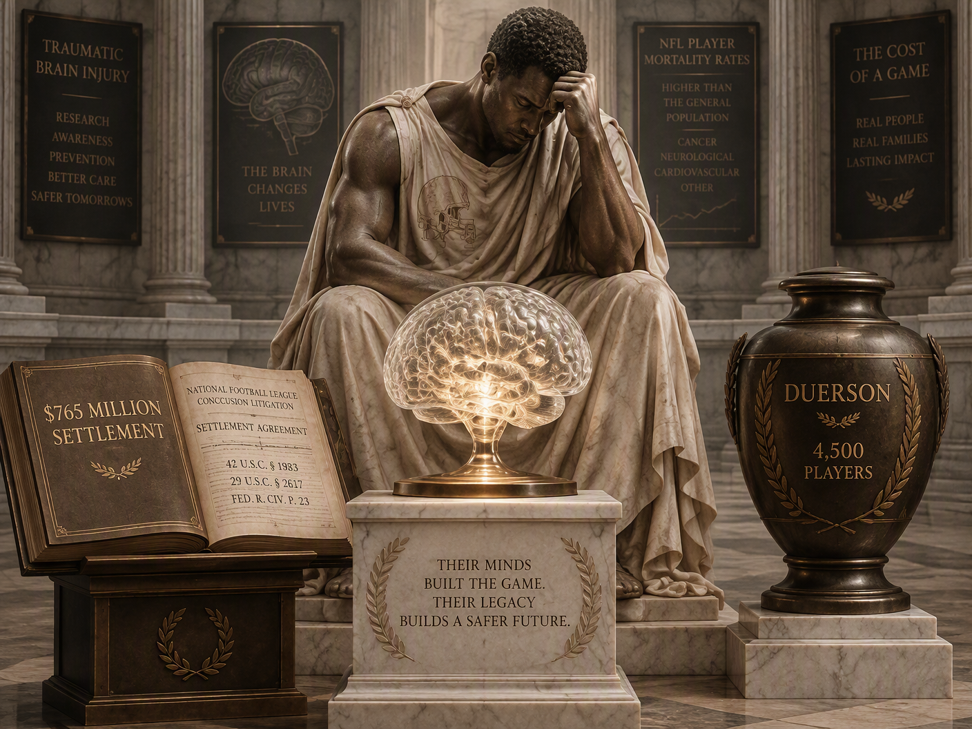 A neoclassical scene with a solemn figure representing a former football player seated before a glowing anatomical brain on a pedestal, balanced between legal and memorial symbols within a formal civic architectural space.