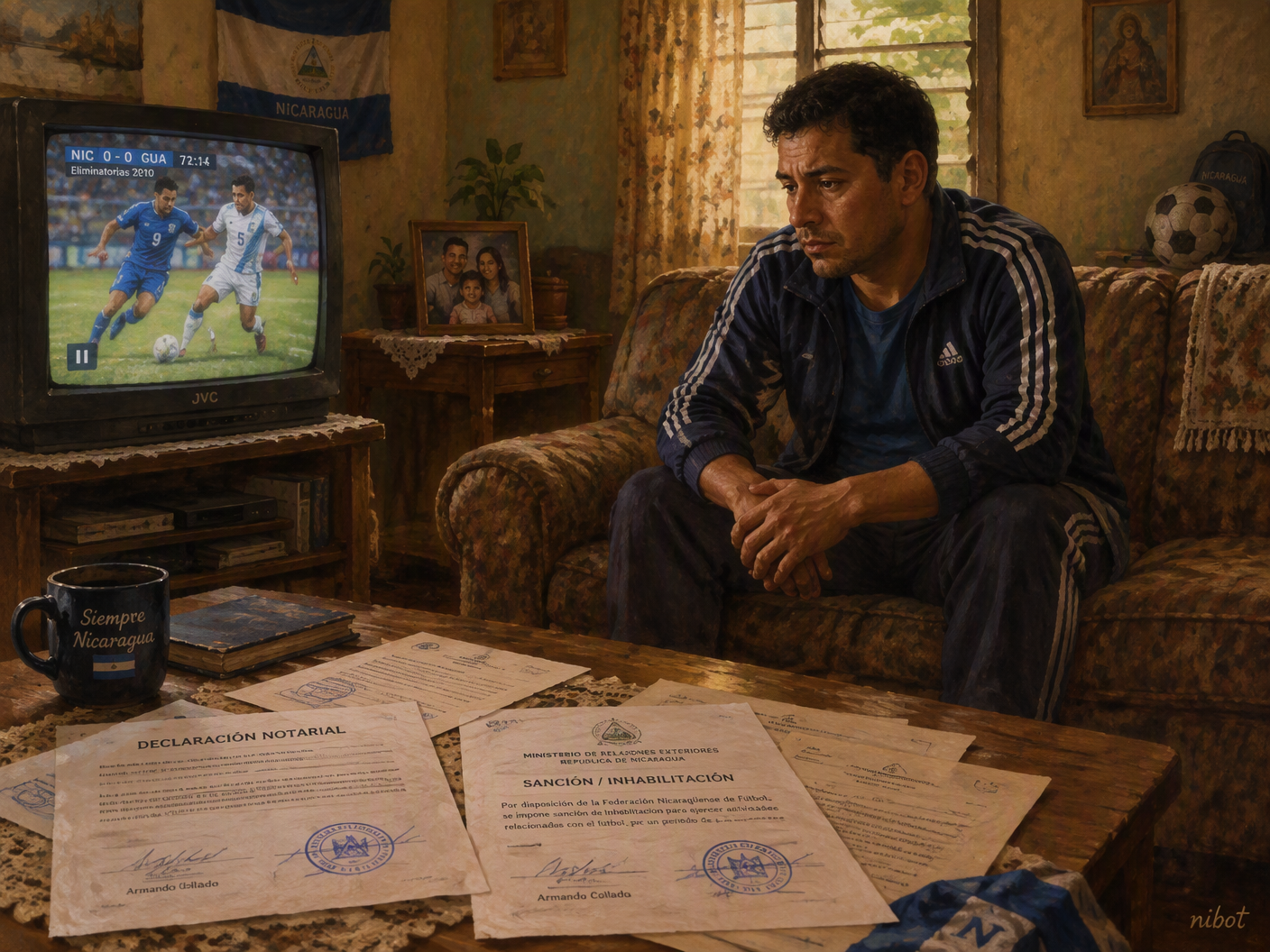 A man in casual athletic clothing sits alone on a sofa in a modest living room; a vintage TV shows a paused soccer match from 2010. Papers with official stamps lie scattered nearby, capturing the moment a lifetime FIFA ban took him out of football worldwide.