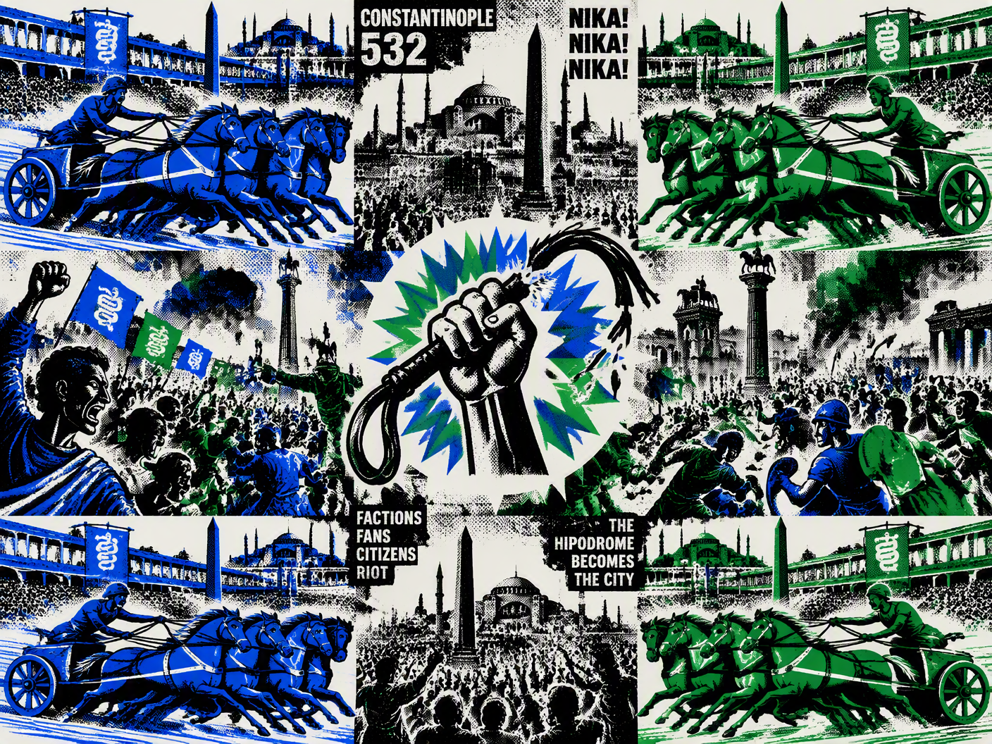 Bold pop art style image with repeated panels showing blue and green chariot racers and overlapping crowds rioting, fists raised, and cityscapes of ancient Constantinople’s Hippodrome, rendered in vivid blues, greens, black, and white with graphic screen-print textures symbolizing the violent transformation of sporting fandom into civic chaos.