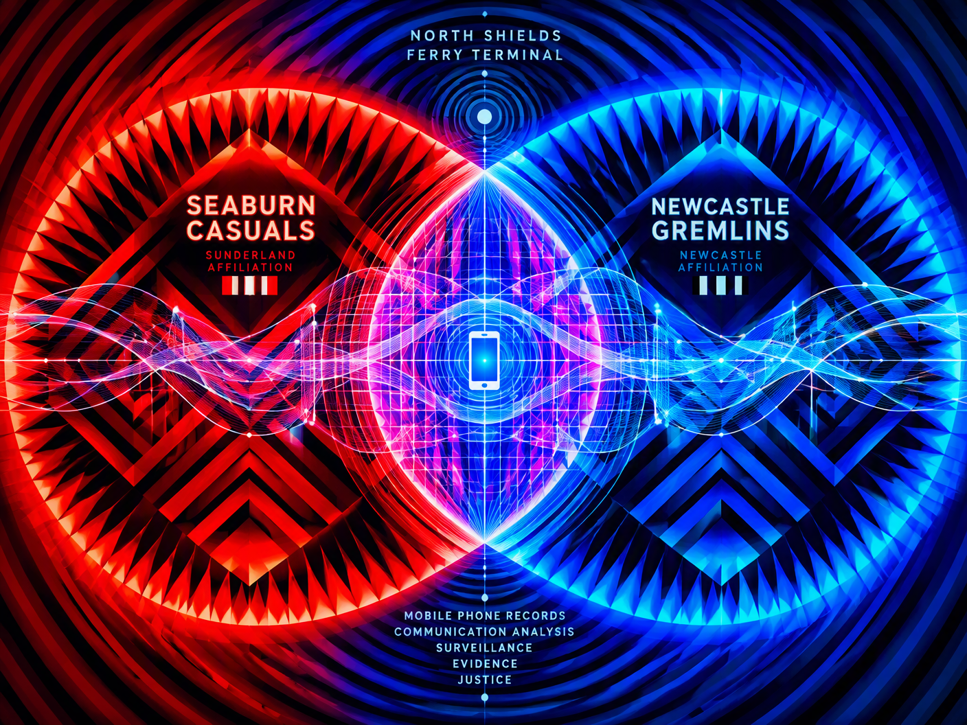 Abstract chromatic op art image showing two radiant geometric fields in red and blue with vibrating edges overlapping, connected by glowing network lines symbolizing mobile phone data, set against a background of concentric luminous circles representing the North Shields ferry terminal, conveying intense conflict and forensic investigation.