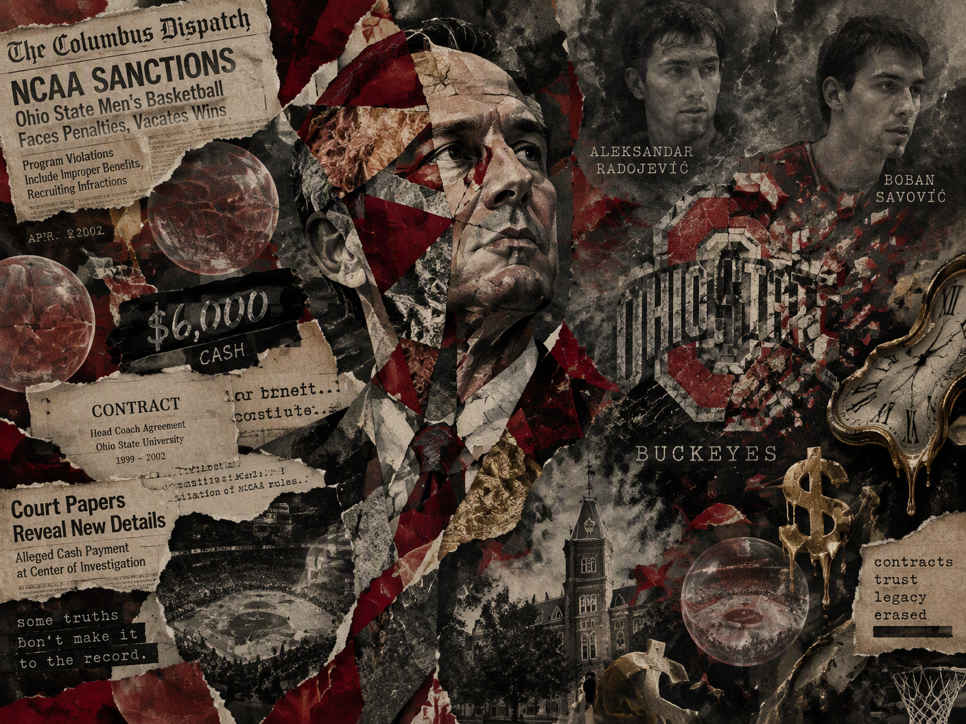 Surreal collage showing a fractured human figure representing coach Jim O’Brien surrounded by transparent basketballs, torn newspaper clippings, ghostly portraits of players Aleksandar Radojević and Boban Savović, and a broken Ohio State emblem dissolving into shards, symbolizing the scandal and vacated seasons from 1999 to 2002.
