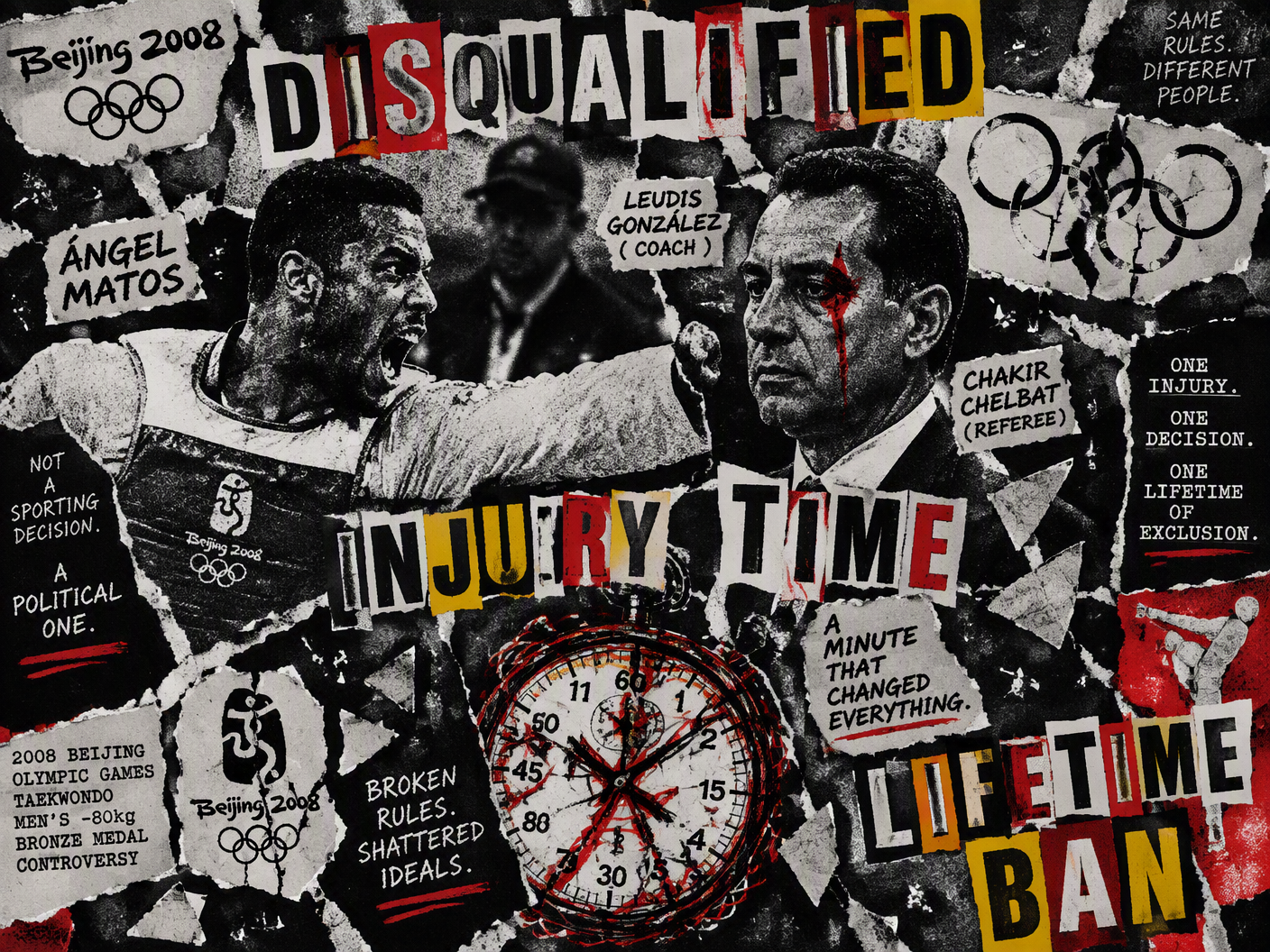 A torn photocopy collage shows taekwondo athlete Ángel Matos striking referee Chakir Chelbat’s face, surrounded by ransom note letters spelling 'DISQUALIFIED' and broken clocks, with a ghostly coach figure behind, all in black and white with red splashes representing violence and bans.