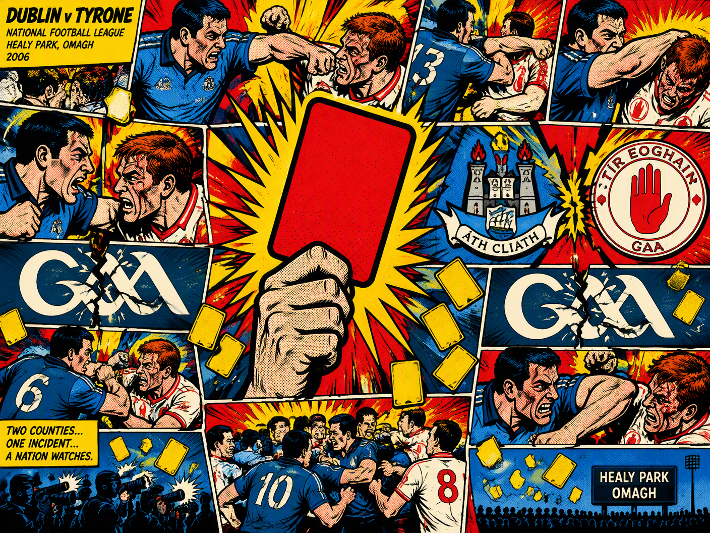 Pop art style illustration of a chaotic fight between Dublin and Tyrone GAA players with a large red card at the center, repeated panels showing fists and angry faces, yellow cards falling, and fractured GAA logos in bright red, yellow, blue, and black colors representing the 2006 disciplinary saga at Omagh.