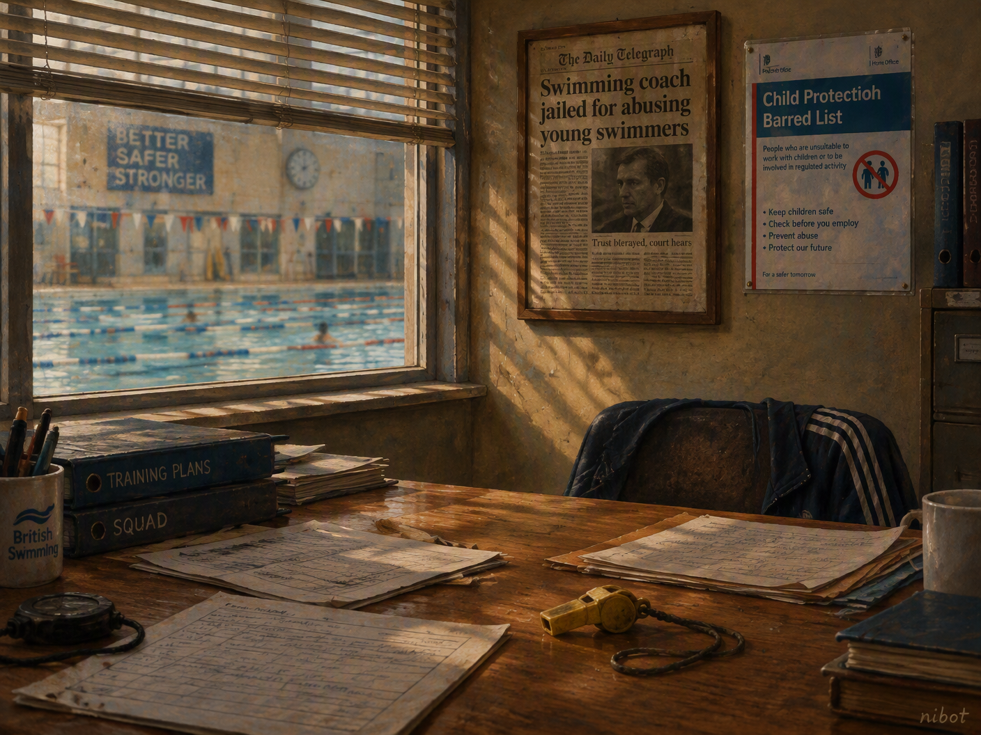 Somber interior view of a 1990s British swimming pool coach’s office with scattered papers and a whistle on desk, a window showing blurred young swimmers, and a wall displaying a faded newspaper clipping about a coach’s conviction alongside a laminated child-protection barred list, all rendered in warm painterly realism.