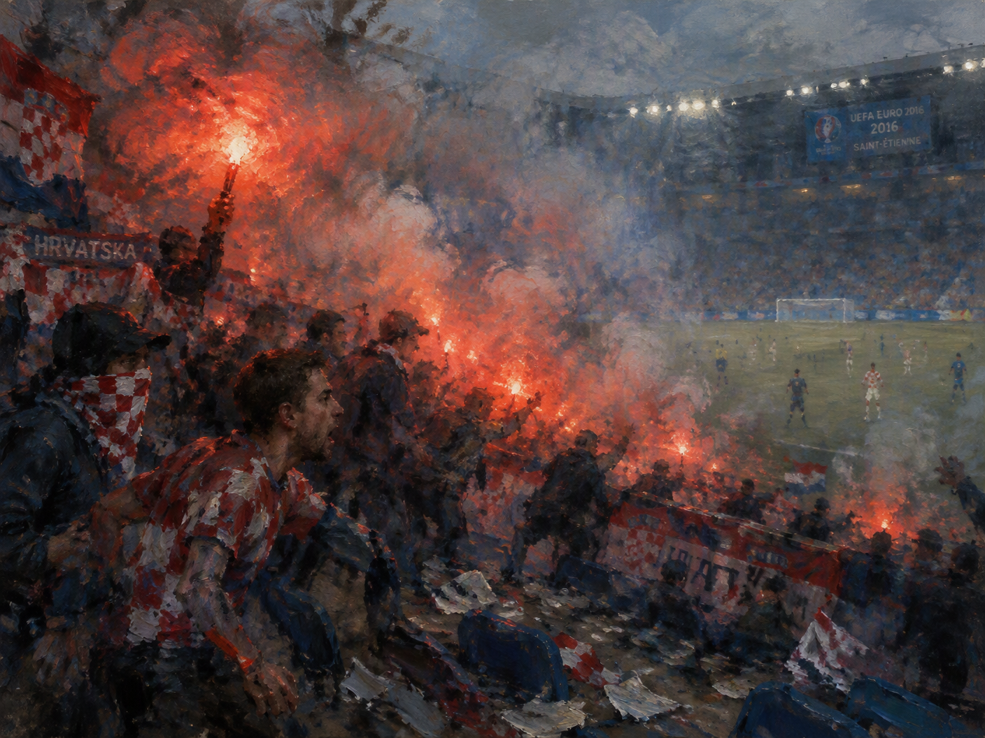 Impressionistic view of a football stadium filled with smoke and red-orange flares erupting from Croatian fans, blurred figures and hazy stadium seats suggesting chaos and interruption during a Euro 2016 match.
