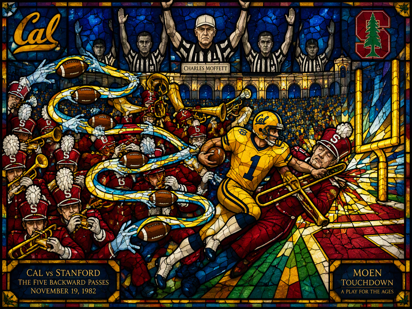 Stained-glass style image depicting Kevin Moen running through the Stanford band with a football, five backward passes shown as glowing ribbons, colliding with a trombone player near the end zone, and referees signaling touchdown under stadium arches at night.