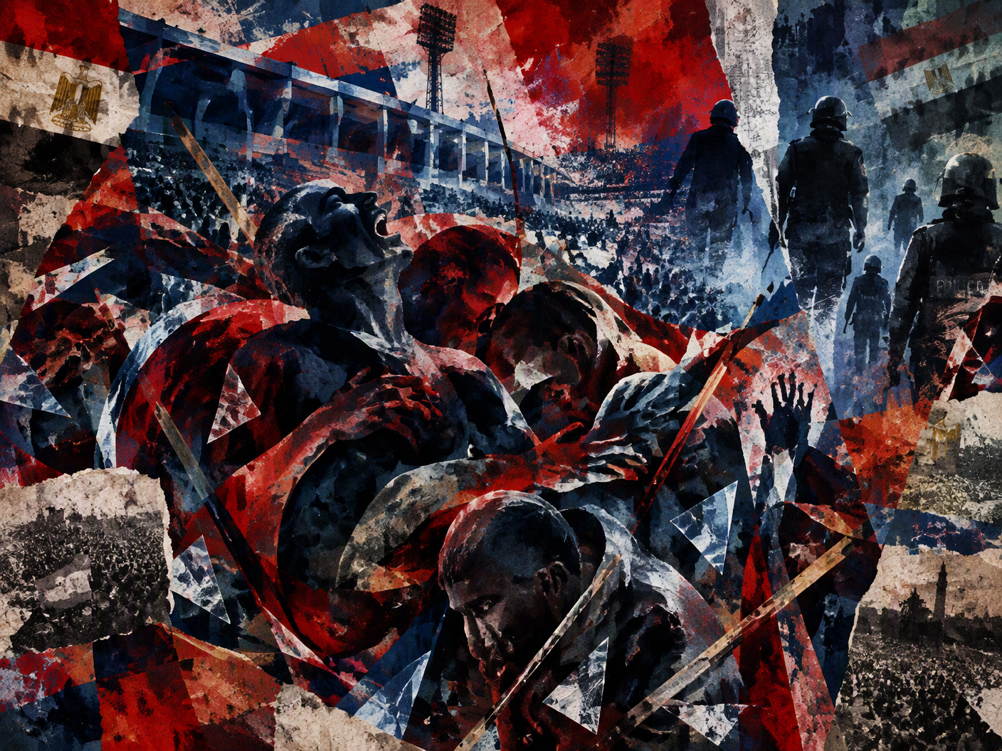 Abstract surreal collage showing distorted human figures trapped in a chaotic crush inside a fragmented stadium, with dark ghostlike police figures turning away and Egyptian flags fading into textured layers, symbolizing the deadly Port Said stadium riot and ensuing tragedy.