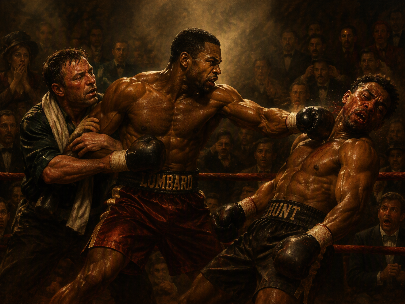 Baroque-style painting showing Hector Lombard punching Lorenzo Hunt inside a dimly lit boxing ring as Joe Riggs pulls Lombard away, capturing the tense post-fight confrontation with dramatic lighting and intense expressions.