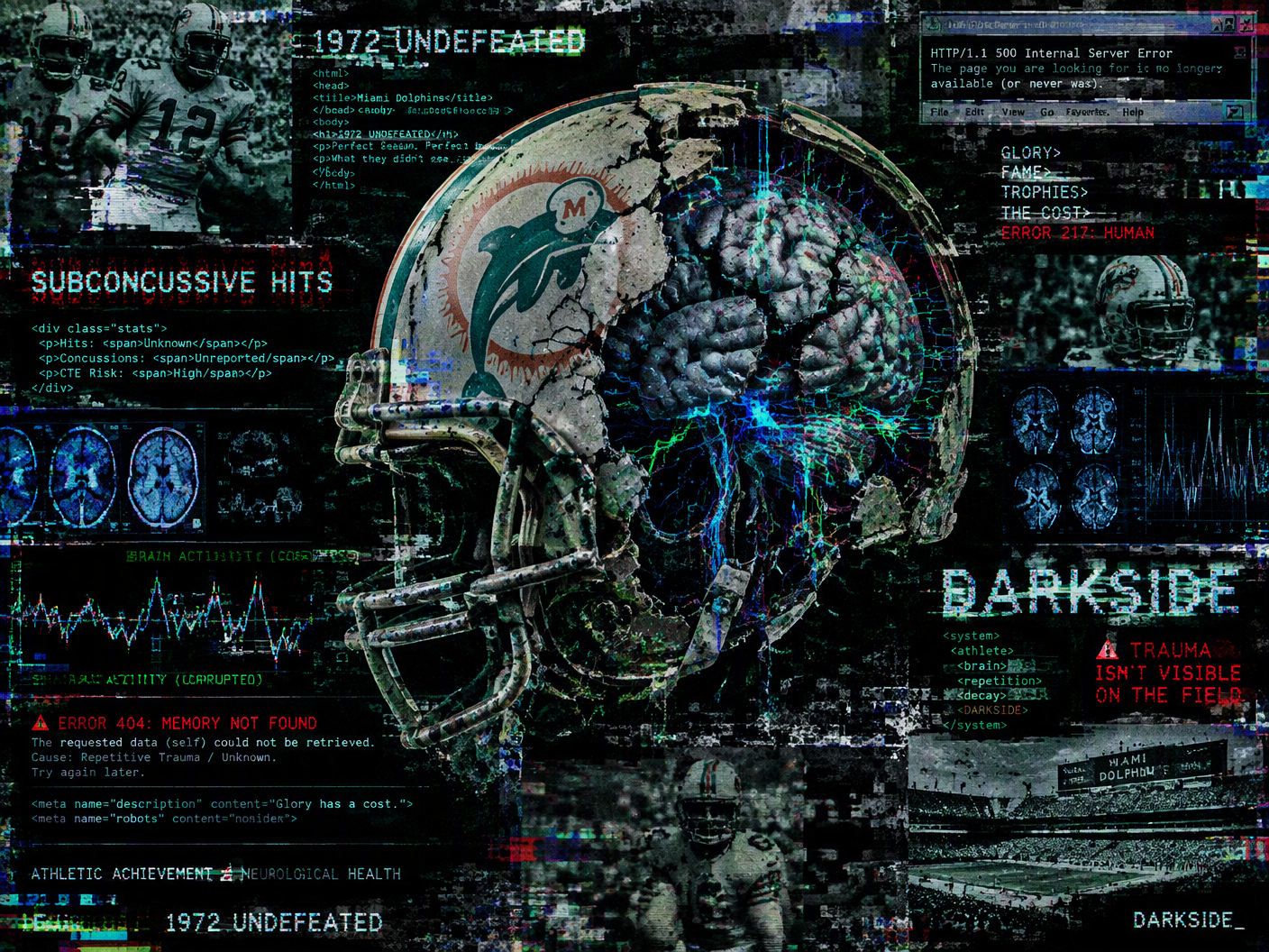 Digital glitch-art image of a cracked Miami Dolphins football helmet revealing a fractured brain wired with neon glitch patterns set against a corrupted webpage background with raw HTML code and error messages, symbolizing Bob Kuechenberg’s posthumous CTE diagnosis and the hidden neurological cost of the 1972 undefeated season, branded with DARKSIDE glitch text.