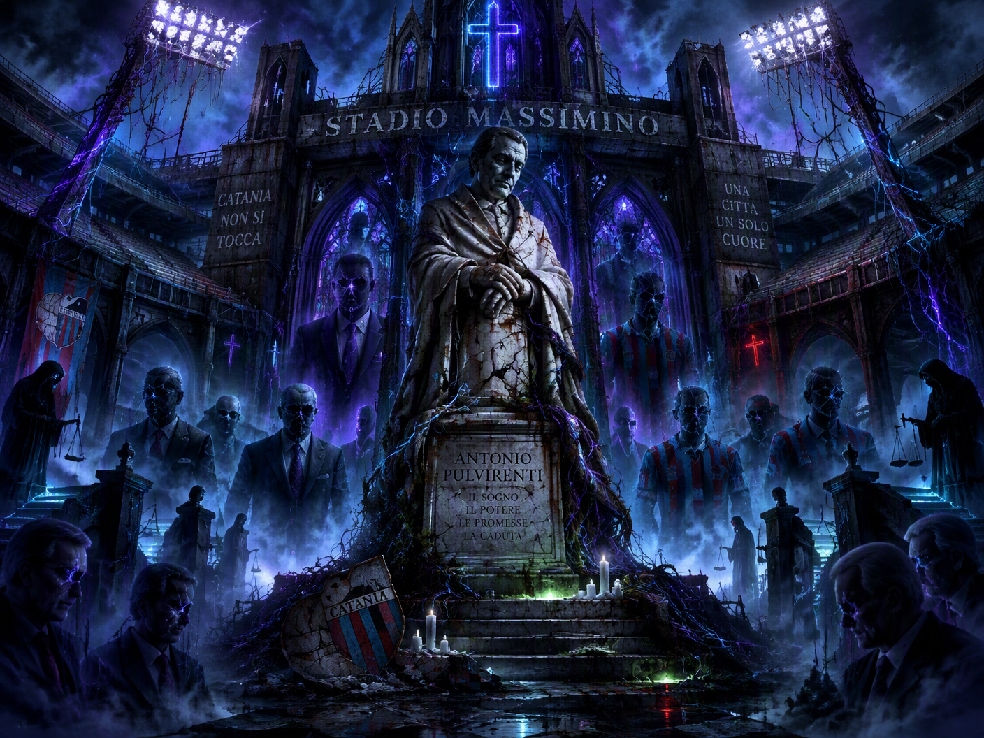 A dystopian gothic neon fantasy scene showing Catania’s Stadio Massimino transformed into a ruined cathedral entwined with glowing organic cables. A cracked statue of club president Pulvirenti stands beneath flickering neon crosses and broken floodlights. Shadowy figures of executives and players fade into the neon darkness, symbolizing corruption and the haunted ruin of the club amid match-fixing scandals.