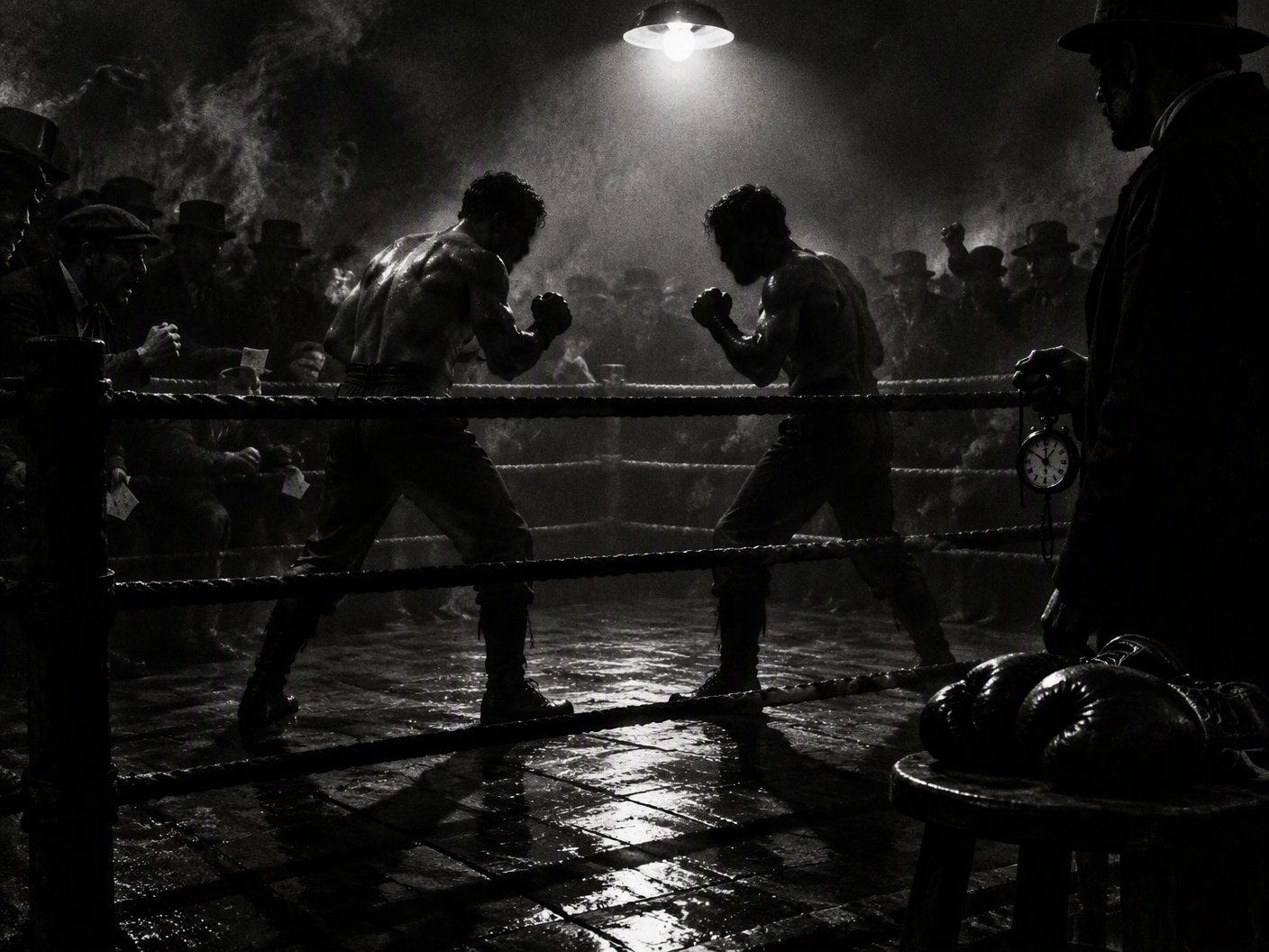 Black-and-white image of two silhouetted bare-knuckle fighters facing off under a harsh overhead light in a smoky, shadowy 18th-century boxing ring, surrounded by a restless crowd and a stopwatch-wielding referee in deep shadow, evoking tension, violence, and the unseen toll of the sport.