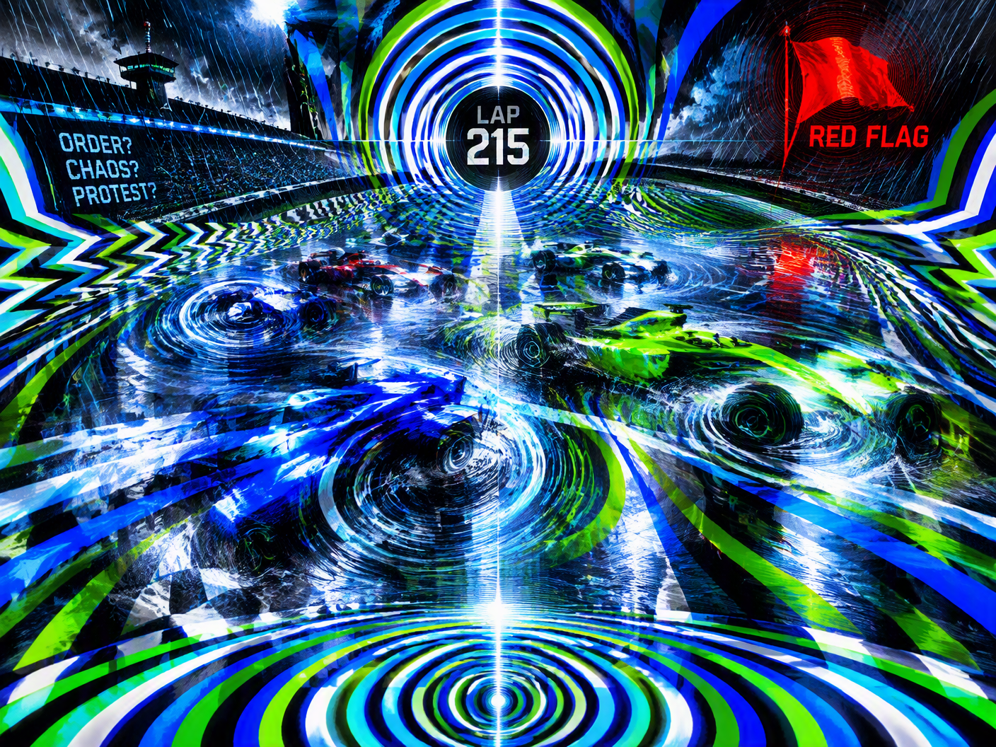 Op art inspired image showing radiant geometric shapes and vibrating patterns that evoke rain-soaked racetrack chaos and the optical pressure of a disputed race order in a 2011 IndyCar finish.