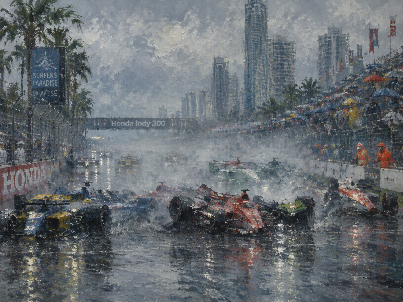 Impressionistic painting of a wet and rainy street race at Surfers Paradise in 2002, showing a blurred pileup of race cars through thick rain and spray with indistinct grandstands and spectators fading into a gray misty background.