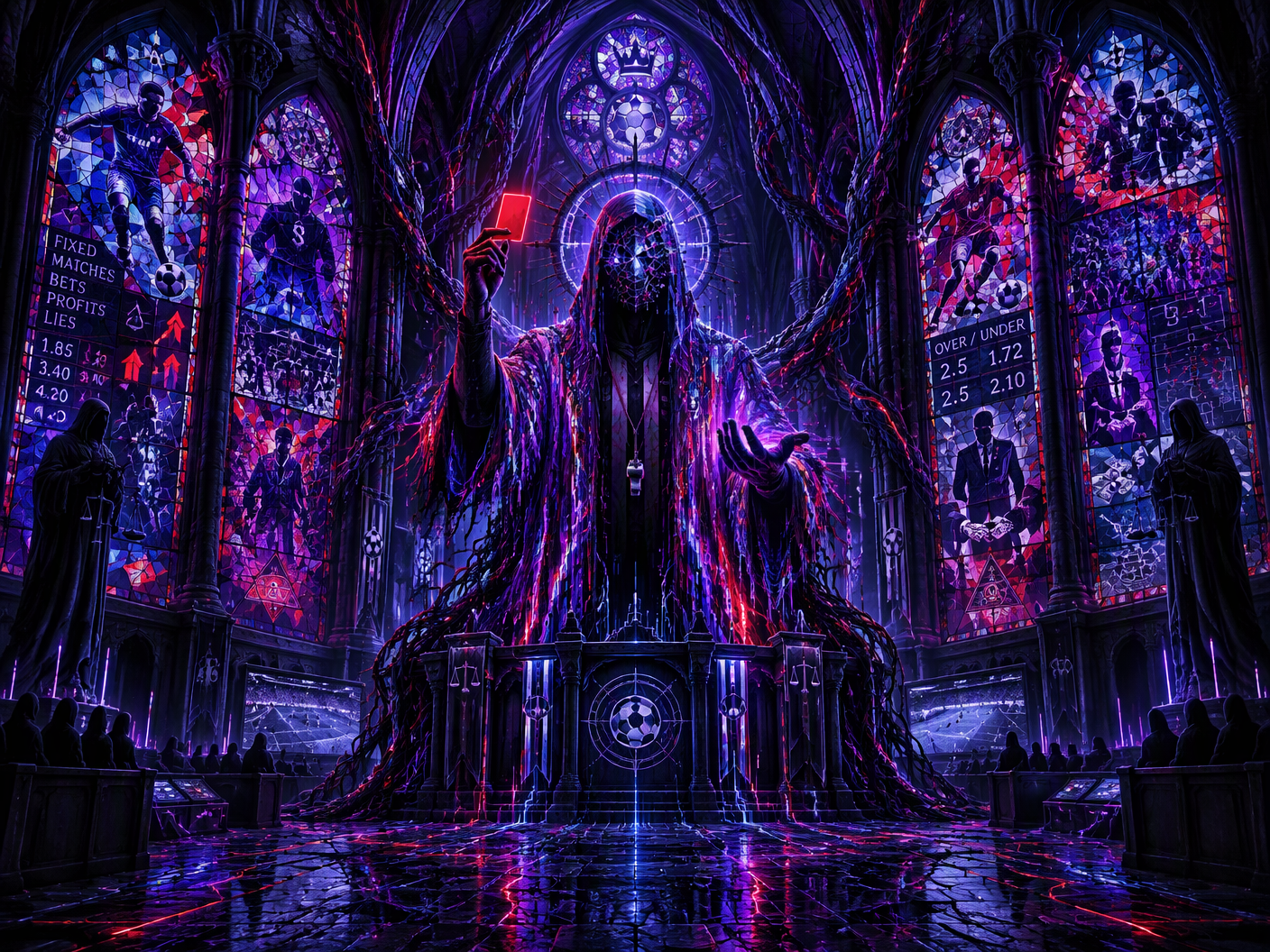 A gothic neon cathedral interior with a ghostly referee figure cloaked in shattered digital robes at the center, surrounded by glowing stained-glass windows depicting corrupted football scenes, under towering metallic arches traced with neon light, embodying a spectral tribunal of scandal and judgment.