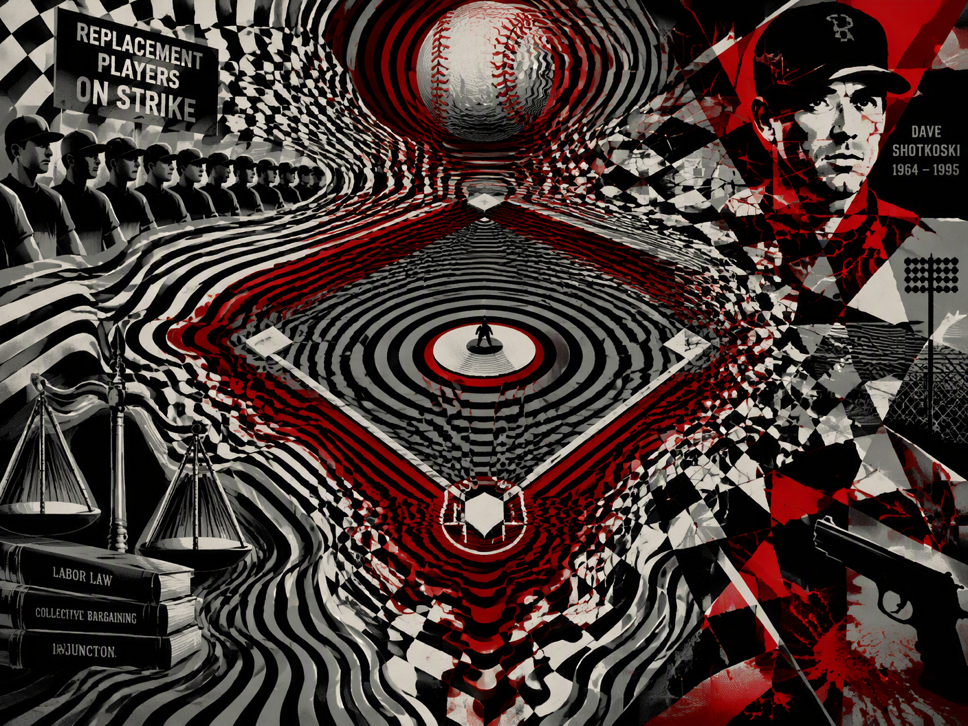 Abstract Op Art image showing a warped, vibrating baseball diamond with fractured grids and concentric forms in black, white, and muted red, symbolizing the instability and division of the 1995 MLB replacement player strike and the tragic killing of Dave Shotkoski.