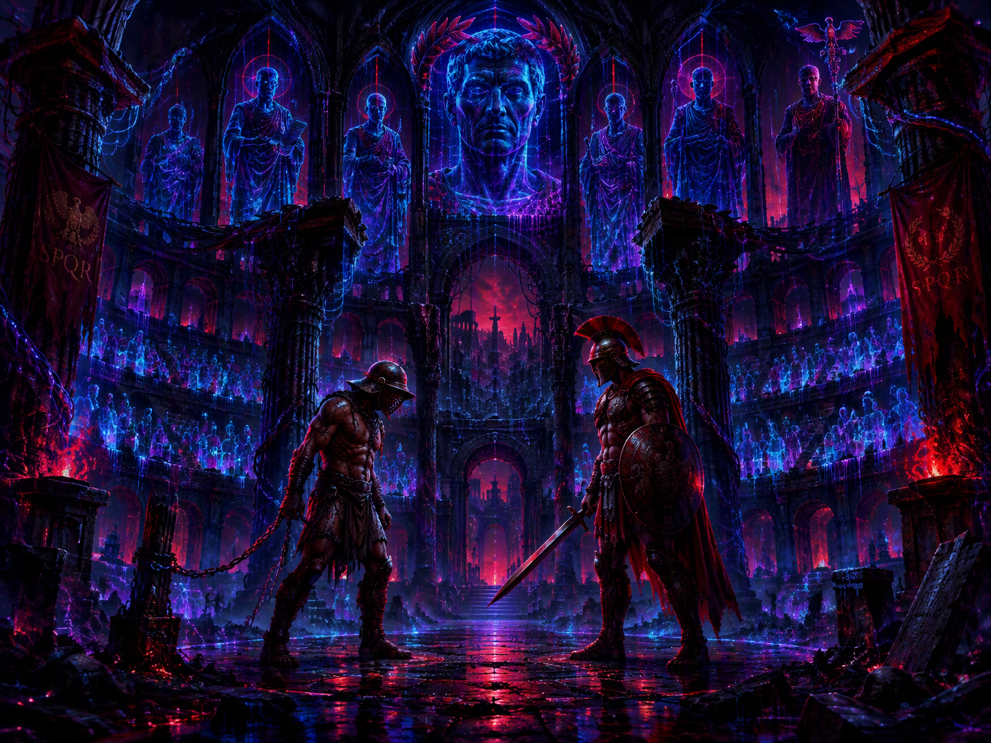 A gothic neon fantasy scene of a ruined Roman amphitheater transformed into a neon-lit cathedral with two gladiators facing each other amid decayed stone and glowing cables, ghostly Roman officials watching from above, and empty stands filled with spectral figures, symbolizing the vanished arena games and their complex legacy.
