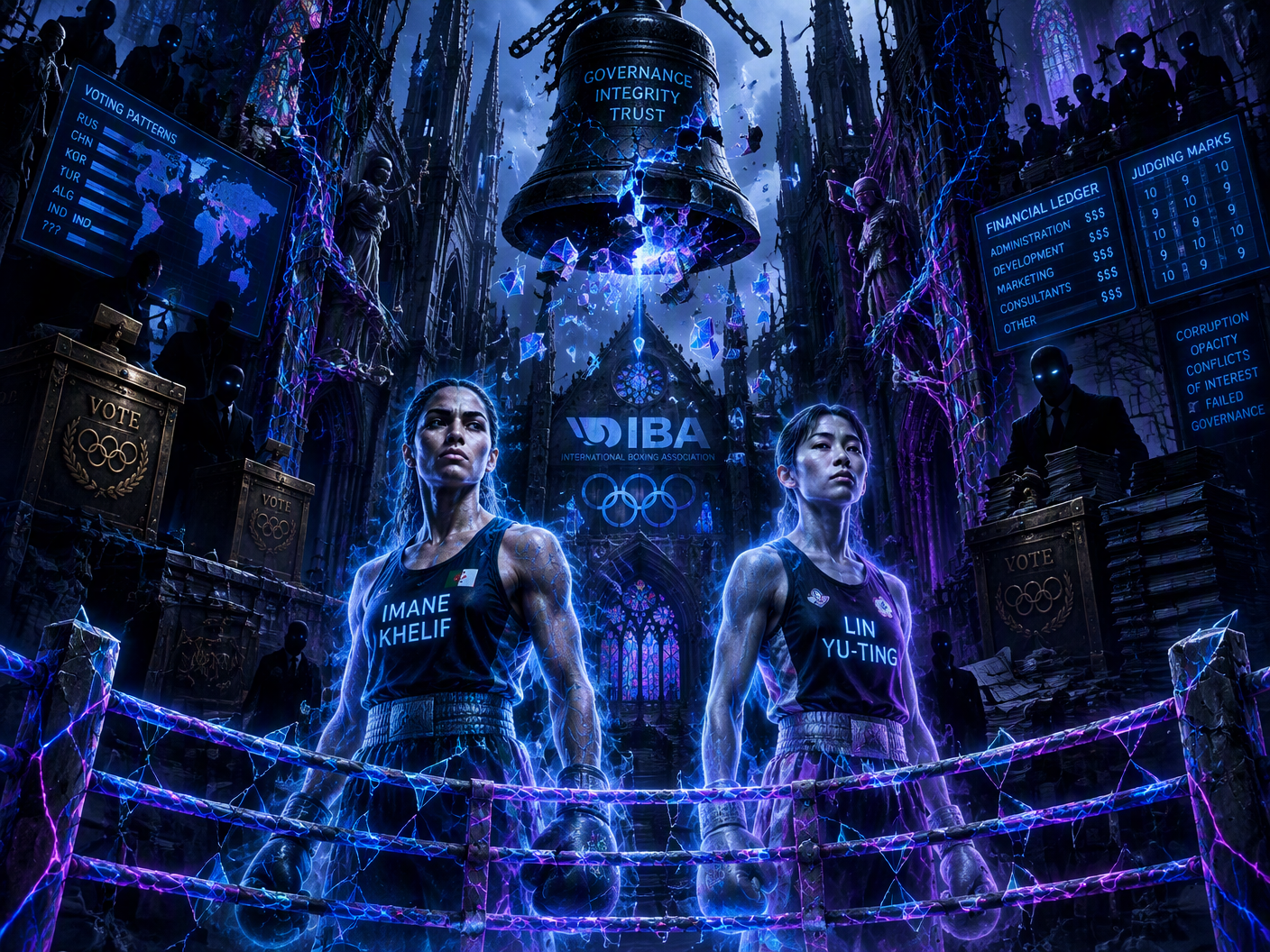 A gothic neon-lit ruined cathedral transformed into a dystopian boxing arena with two ghostly female boxers standing inside fractured neon ropes beneath a shattered glowing bell, surrounded by dark organic cables and rusted metal, symbolizing the collapse of the International Boxing Association amid corruption and governance crisis.