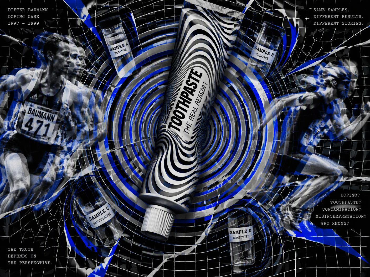 A black and white warped grid background with vibrating concentric circles and a distorted toothpaste tube at center, flanked by blurred, fragmented athlete silhouettes, illustrating a contested doping case and the unstable nature of evidence.