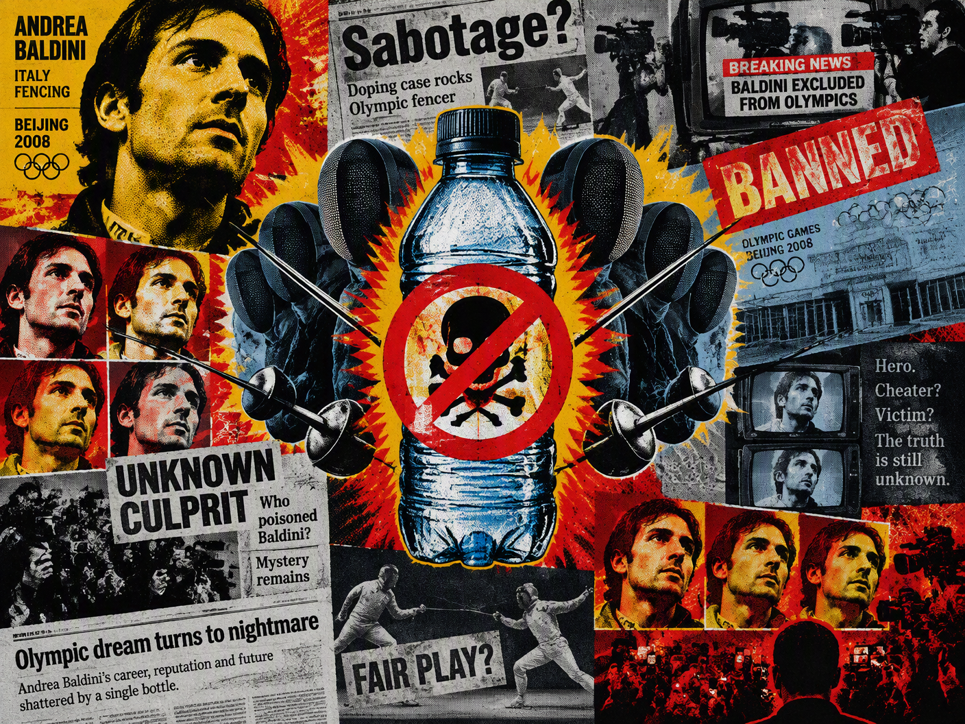 Pop Art style illustration featuring repeated panels of Andrea Baldini’s fencer mask and foils, a boldly marked water bottle symbolizing alleged sabotage, and graphic media text elements highlighting doping scandal and Olympic exclusion.