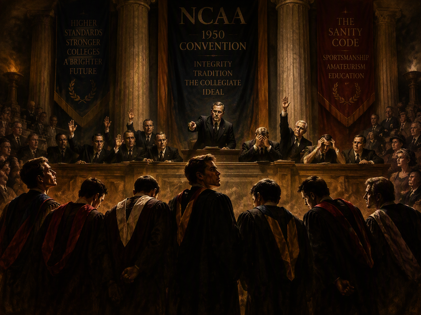 A baroque painting showing a tense 1950 NCAA convention vote with representatives casting divided ballots on expelling seven schools over the Sanity Code; shadowy figures of the accused stand solemnly before a tribunal, dramatic chiaroscuro lighting creating a moral theater of judgment and consequence.