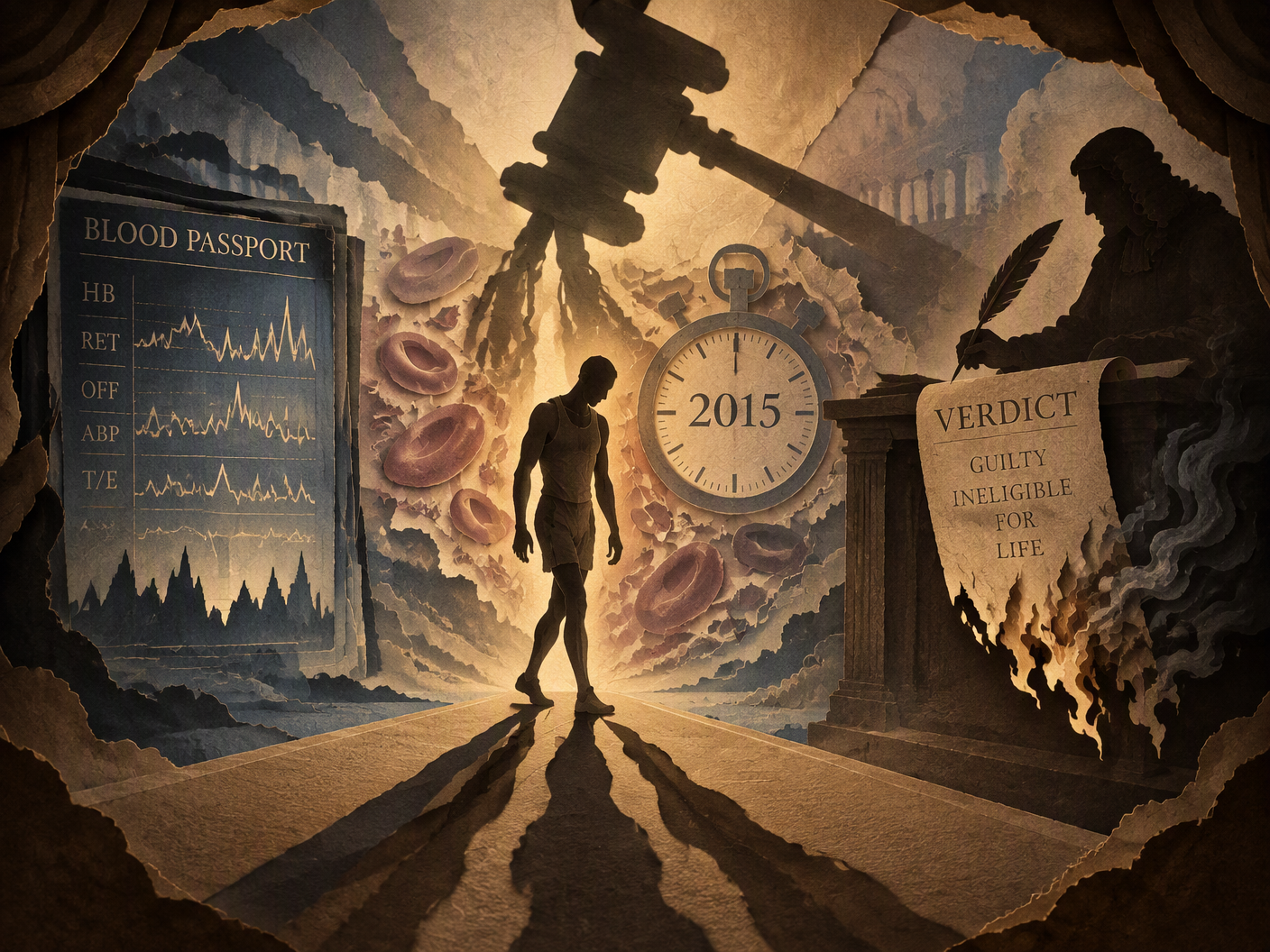 Silhouette cut-paper scene of a faceless athlete casting a shadow merging into a court gavel, surrounded by layered blood cell shapes, a frozen stopwatch labeled 2015, a blood-passport profile, and a tribunal figure writing a burning scroll, all bathed in muted sepia and dusty blues with soft backlighting.