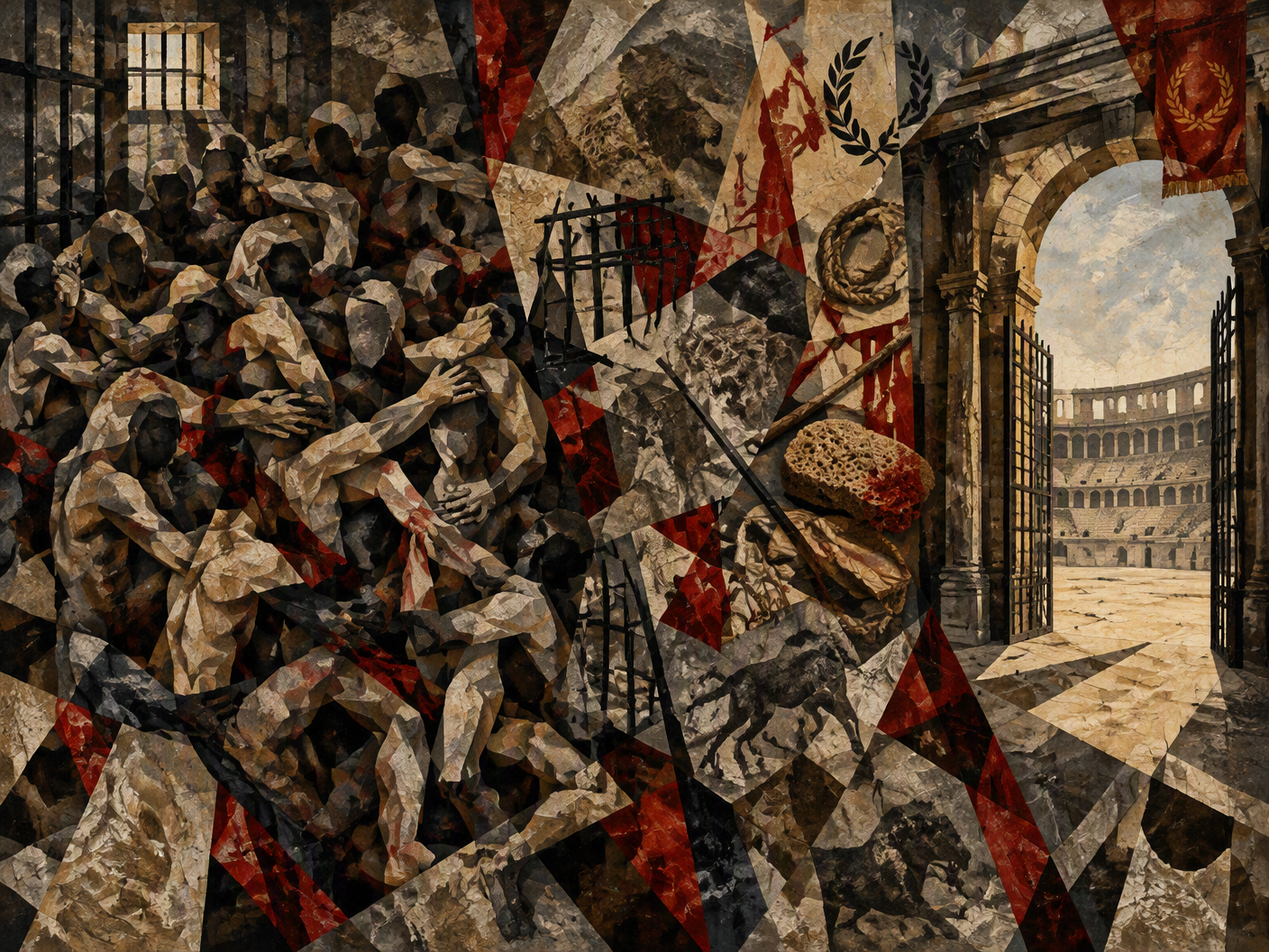 Cubist collage showing overlapping fragmented forms of 29 prisoners strangling each other inside prison cells on one side, and the empty gates of a Roman arena on the other, with abstract symbols of cages, beasts, and ritual objects scattered between, rendered in muted earth tones with splashes of red and black, evoking tragedy and conflicting realities.