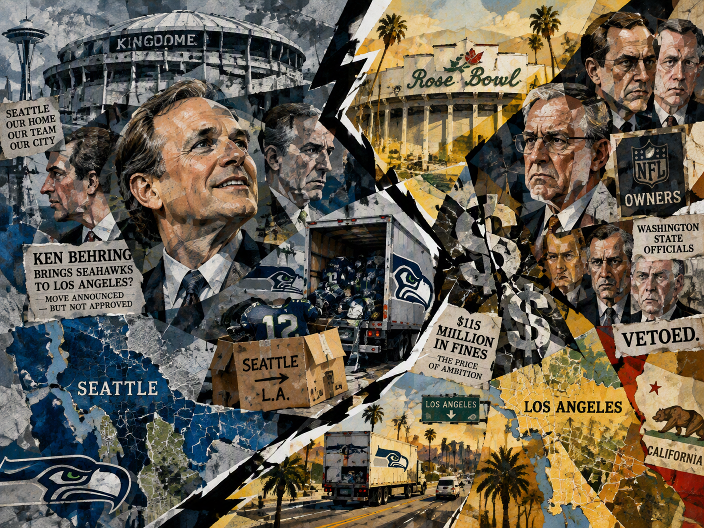 Cubist-style fractured collage showing the Seattle Kingdome and Los Angeles Rose Bowl stadiums in overlapping planes, moving boxes and football gear packed and pointed north and south, divided faces of Ken Behring and NFL owners in multiple perspectives, shard-like city maps of Seattle and Los Angeles, symbolizing the Seahawks’ attempted relocation blocked by league veto and local resistance.