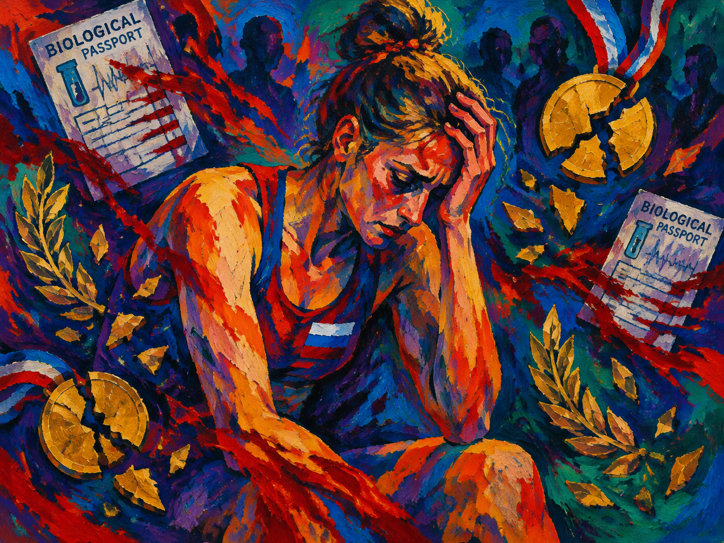 Abstract Fauvist painting of a distressed female athlete surrounded by swirling blood-red and fiery colors, fragmented medals, and abstract biological passport symbols, expressing the emotional heat of doping disqualification.