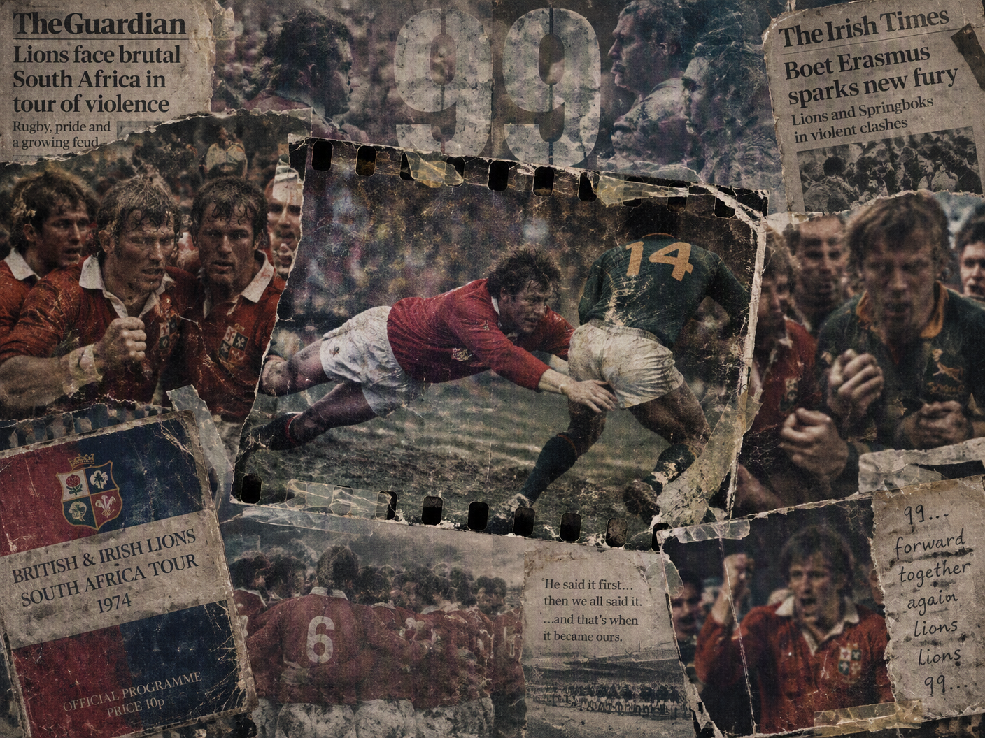 Grainy collage of 1974 British and Irish Lions rugby players in mid-tackle and confrontation, layered with torn paper fragments, faded match programs, and a ghosted ’99’ symbol, conveying collective retaliation and the violent legacy of the Boet Erasmus matches.