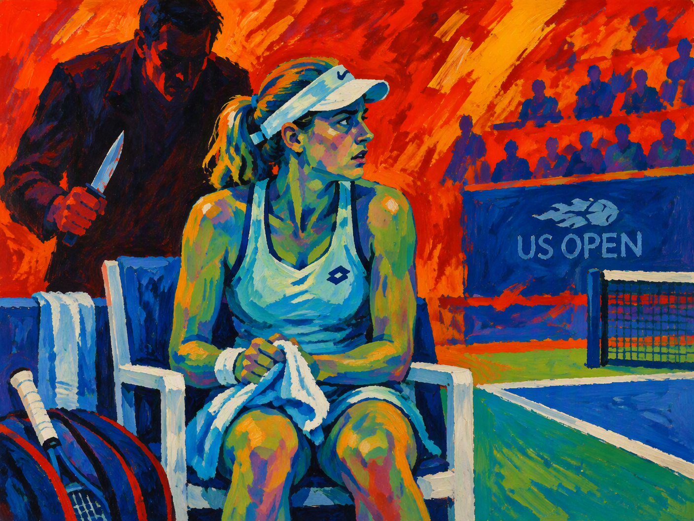 Expressive Fauvist painting showing a seated female tennis player on court with a looming dark figure behind holding a knife, colors intense with reds and blues to represent danger and vulnerability in a 1990s tennis match.