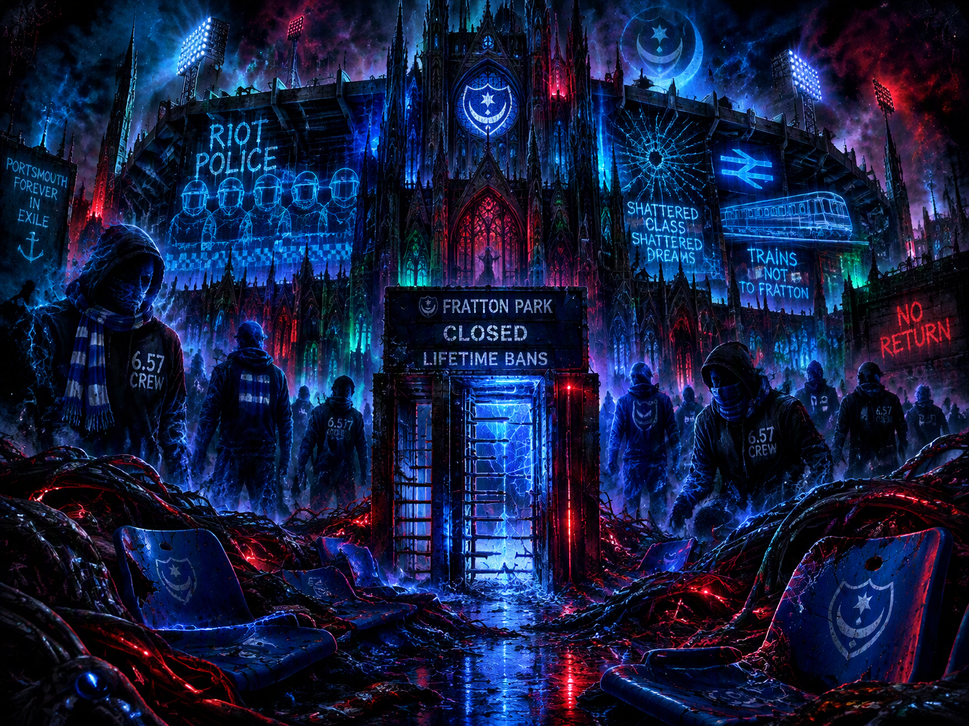 A gothic neon digital painting depicting a ruined football stadium as a haunted cathedral, with glowing broken seats and ghostly figures dressed in Portsmouth 6.57 Crew gear, set against dystopian spires and neon-lit darkness symbolizing the legacy of football hooligan violence and lifetime bans.