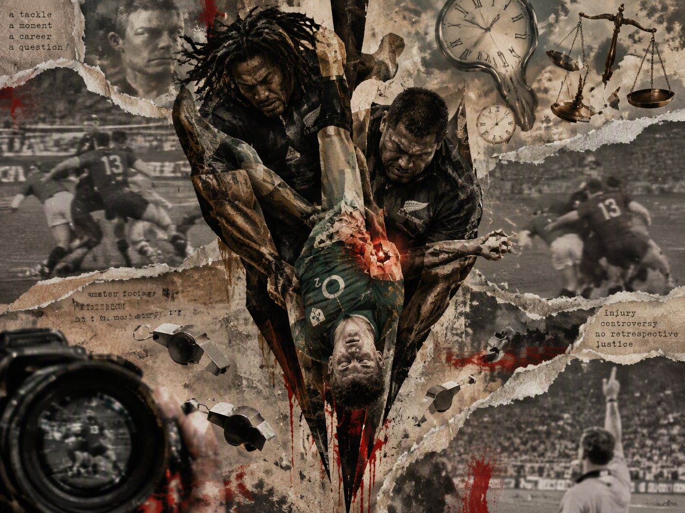 Abstract surreal collage showing an upside-down fragmented rugby player with a glowing dislocated shoulder, two intertwined figures representing opponents, blurred vintage rugby footage background with melting clocks and scales symbolizing time and justice, and shattered referee and camera elements indicating controversy and no retrospective penalty.