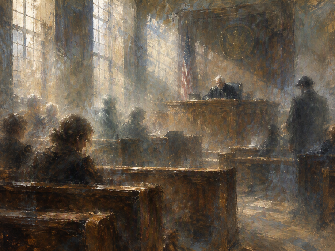An impressionistic oil painting of a dimly lit courtroom with a solitary judge behind the bench, surrounded by blurred, ghostly figures and soft, hazy light symbolizing the unresolved legal case of Dick Caine and the fleeting moment before sentencing.